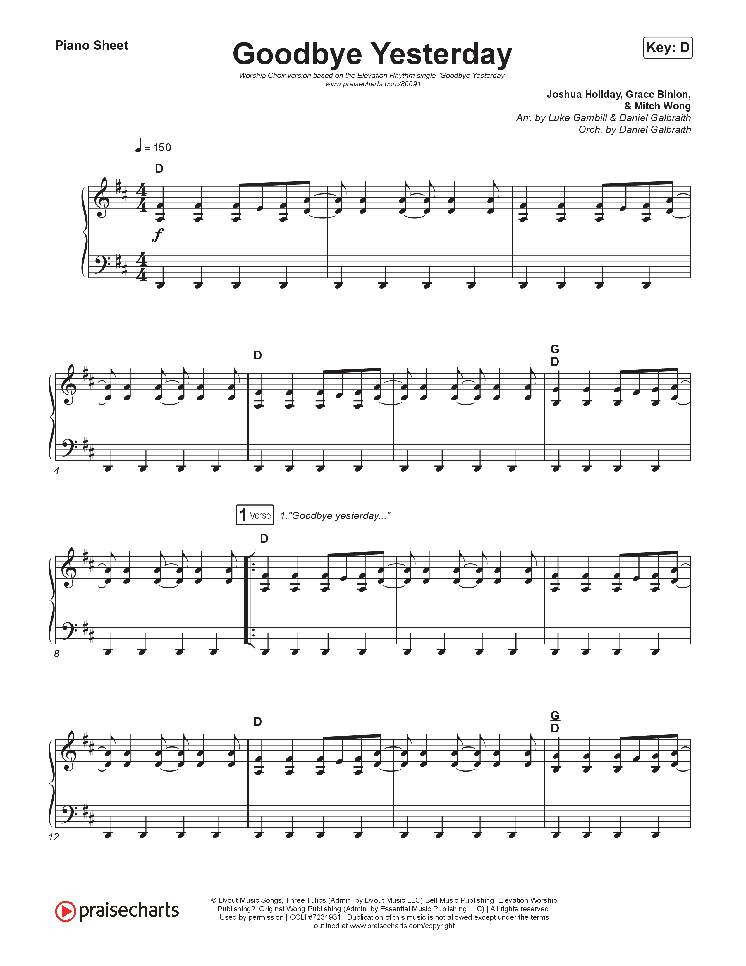 Goodbye Yesterday (Worship Choir/SAB) Piano Sheet (ELEVATION RHYTHM / Arr. Luke Gambill)