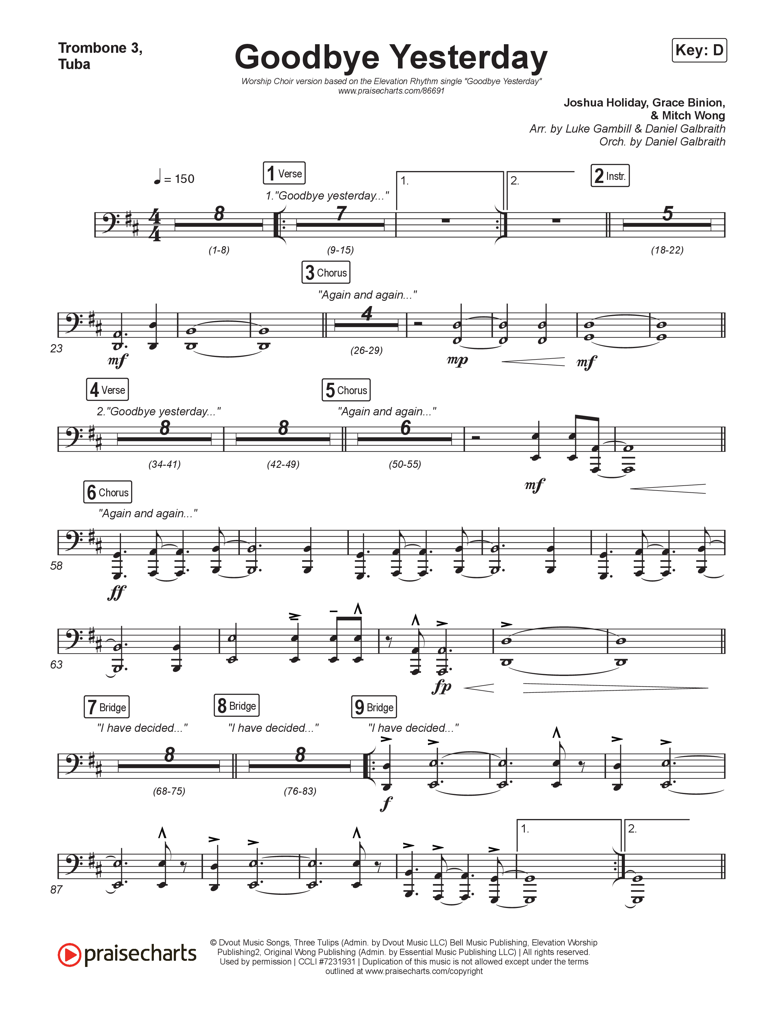 Goodbye Yesterday (Worship Choir/SAB) Trombone 3/Tuba (ELEVATION RHYTHM / Arr. Luke Gambill)