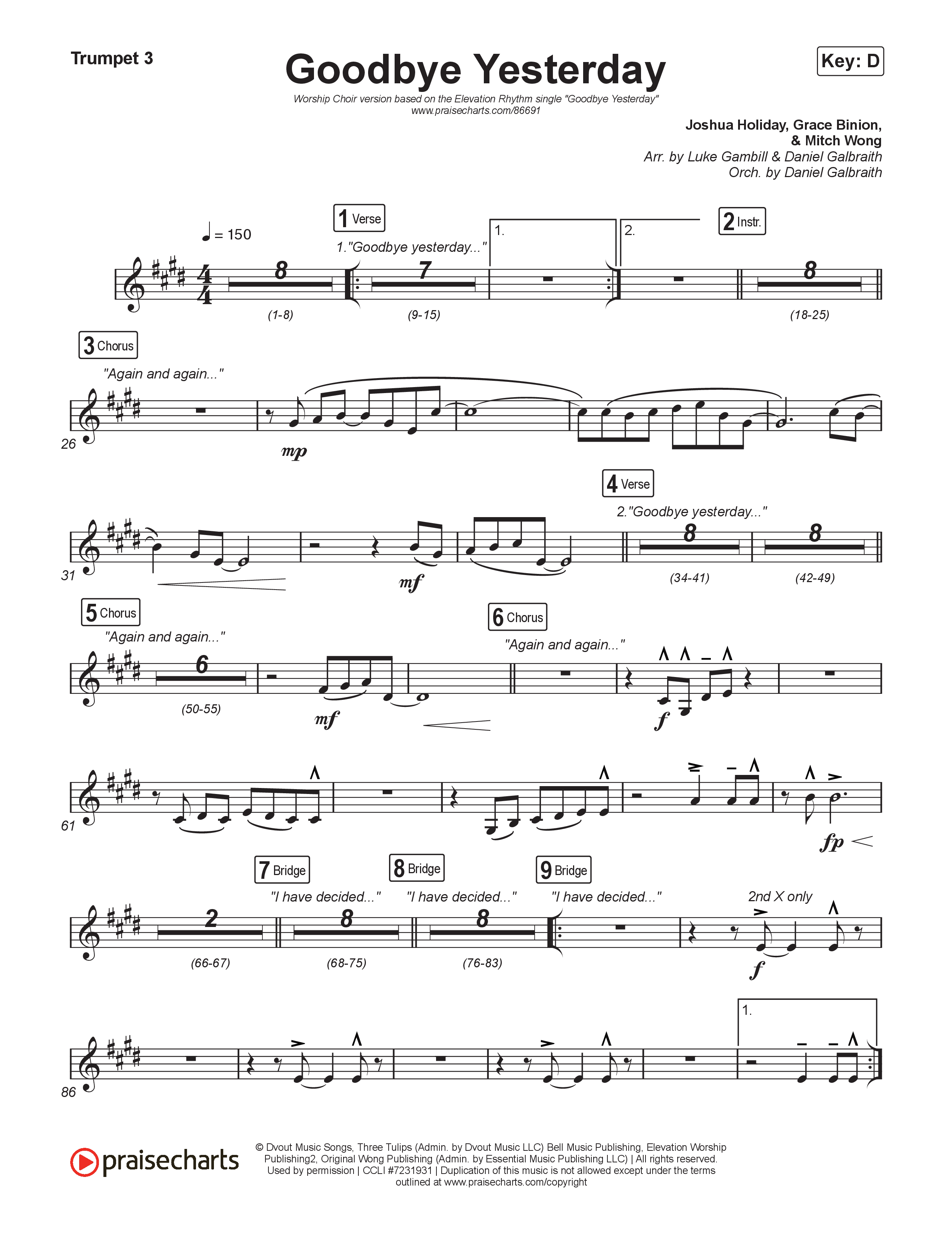 Goodbye Yesterday (Worship Choir/SAB) Trumpet 3 (ELEVATION RHYTHM / Arr. Luke Gambill)