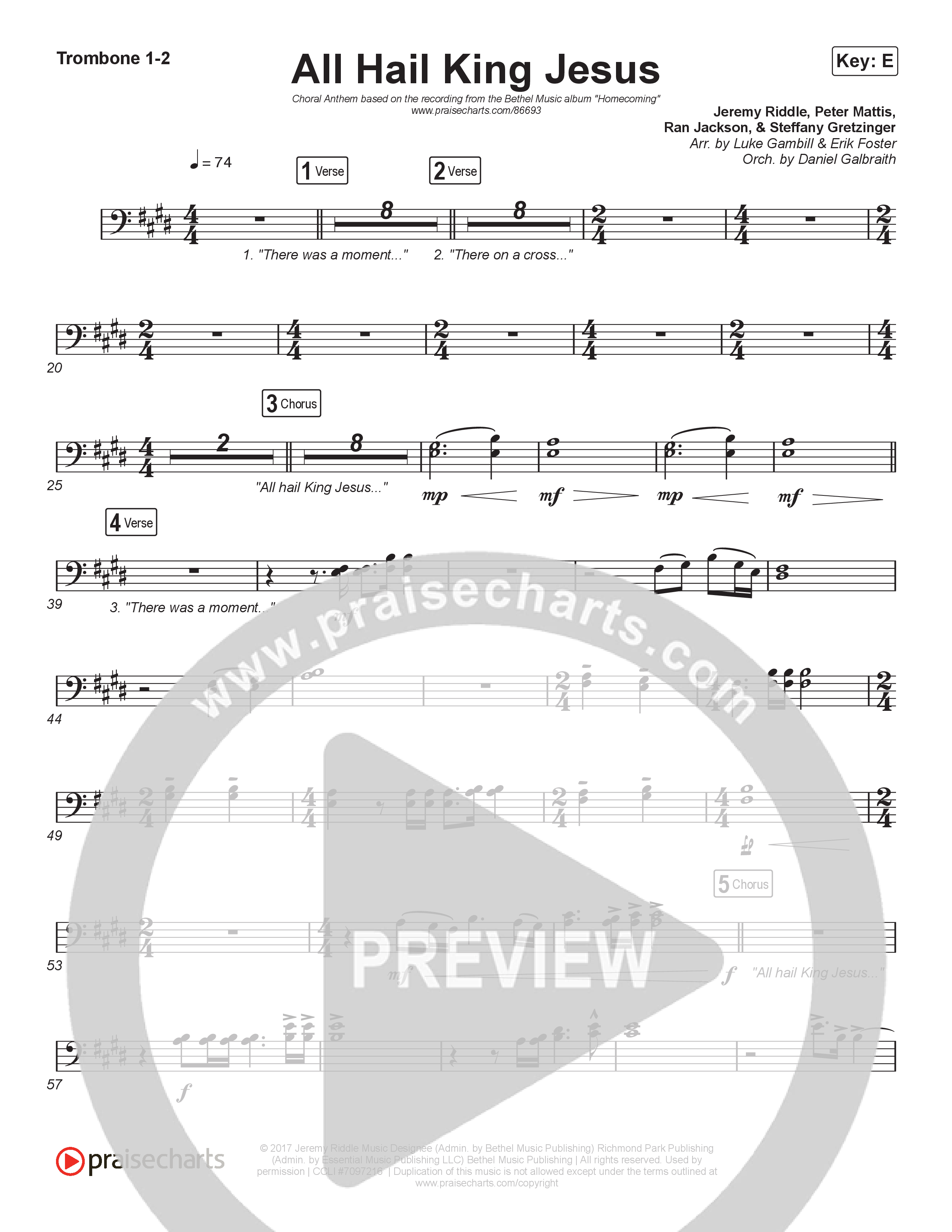 All Hail King Jesus (Choral Anthem SATB) Trombone 1,2 (Bethel Music / Bethany Wohrle / Arr. Luke Gambill)