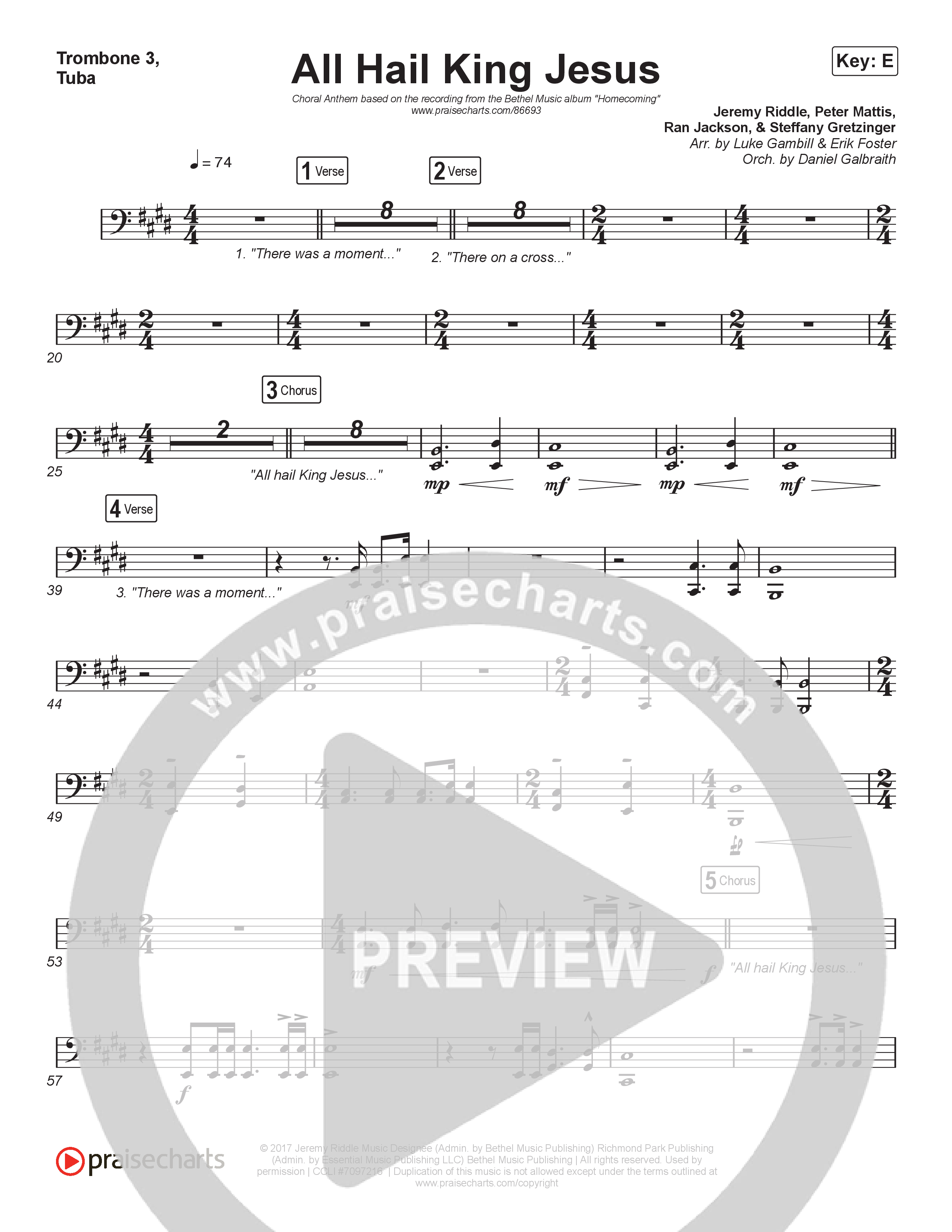 All Hail King Jesus (Choral Anthem SATB) Trombone 1,2 (Bethel Music / Bethany Wohrle / Arr. Luke Gambill)