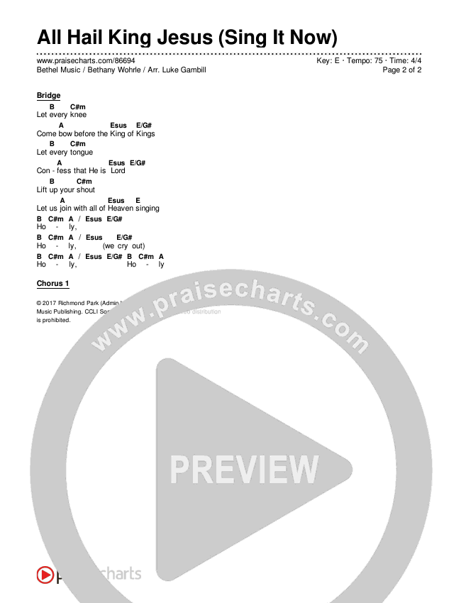 All Hail King Jesus (Sing It Now) Chords & Lyrics (Bethel Music / Bethany Wohrle / Arr. Luke Gambill)