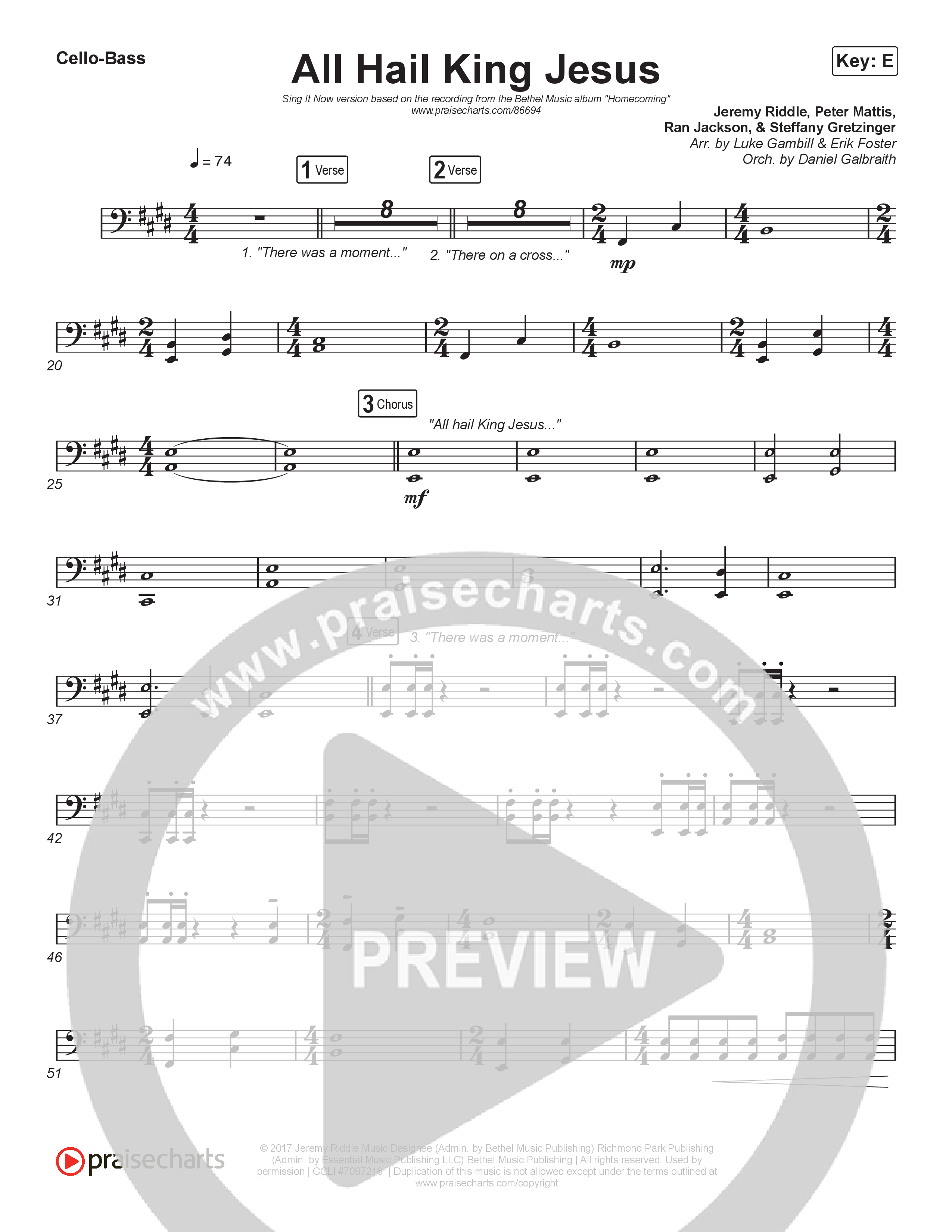 All Hail King Jesus (Sing It Now) Cello/Bass (Bethel Music / Bethany Wohrle / Arr. Luke Gambill)