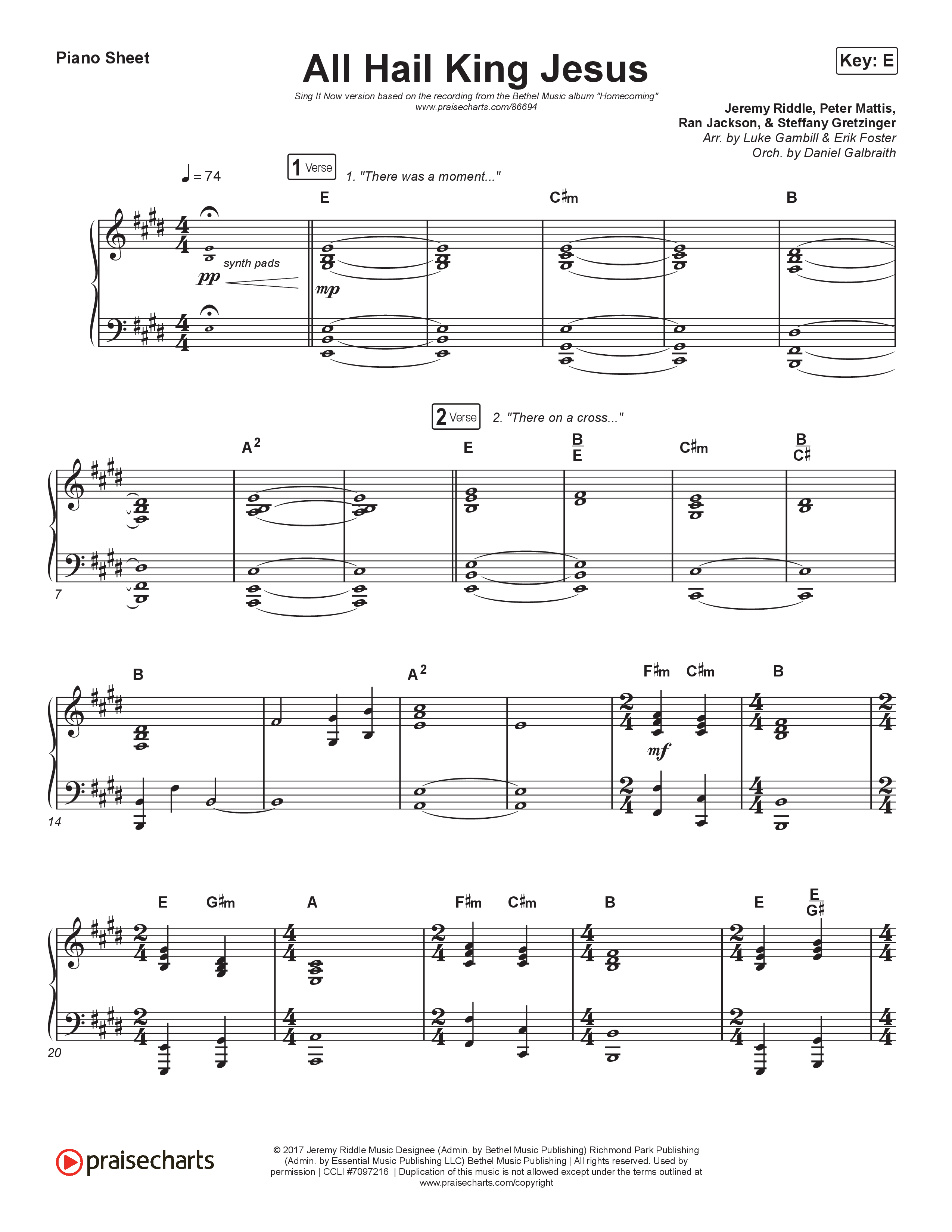All Hail King Jesus (Sing It Now) Piano Sheet (Bethel Music / Bethany Wohrle / Arr. Luke Gambill)