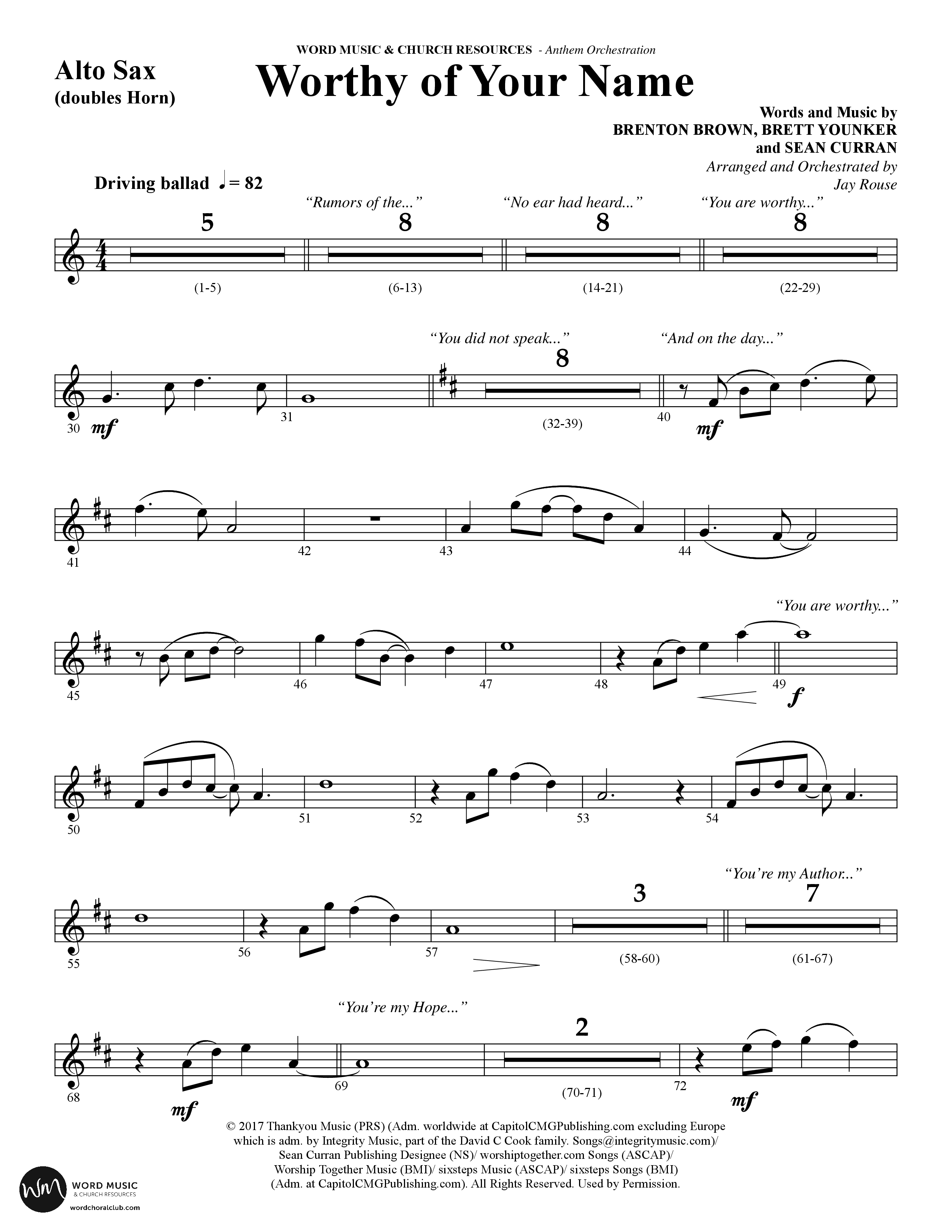 Worthy Of Your Name (Choral Anthem SATB) Alto Sax (Word Music Choral / Arr. Jay Rouse)