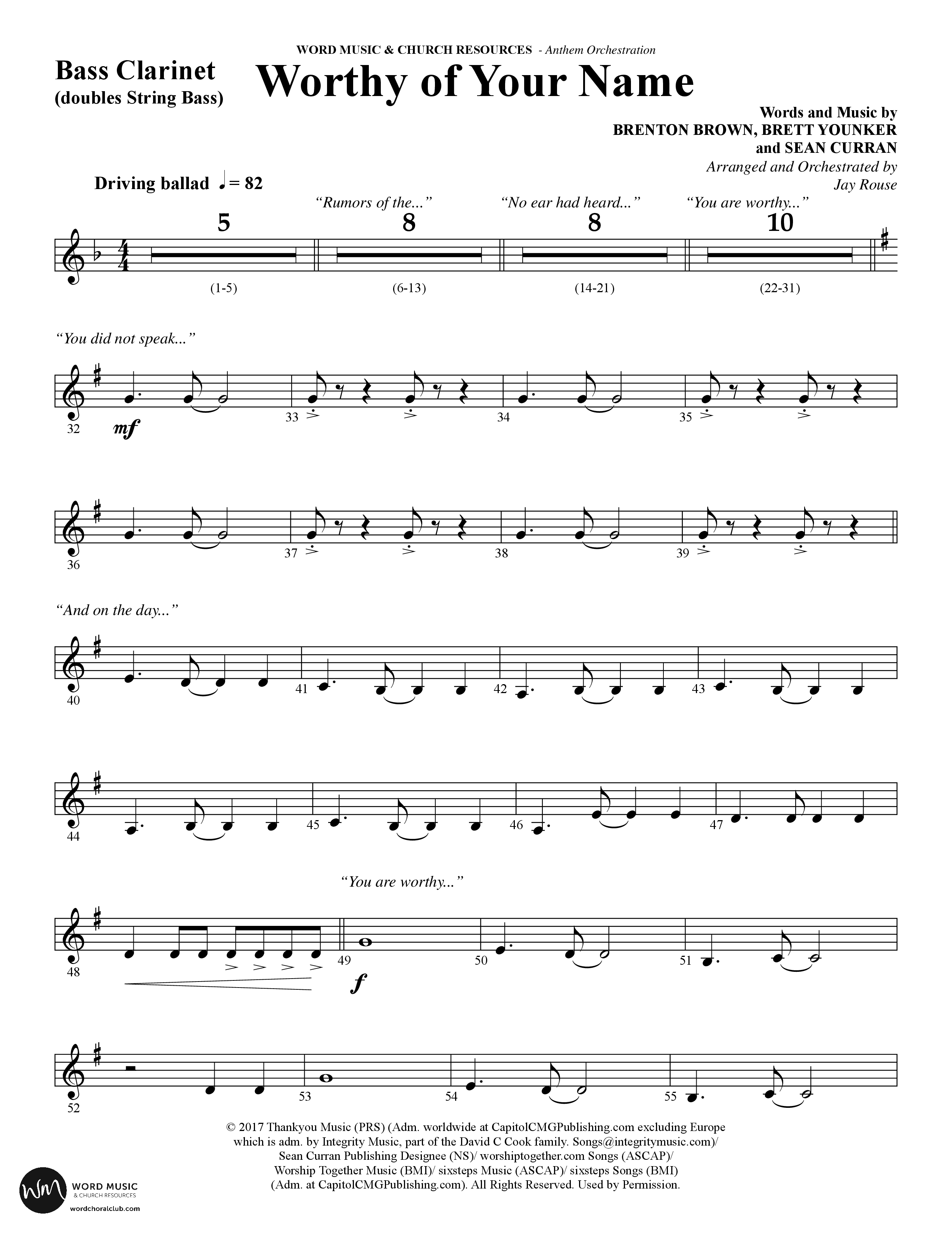Worthy Of Your Name (Choral Anthem SATB) Bass Clarinet (Word Music Choral / Arr. Jay Rouse)