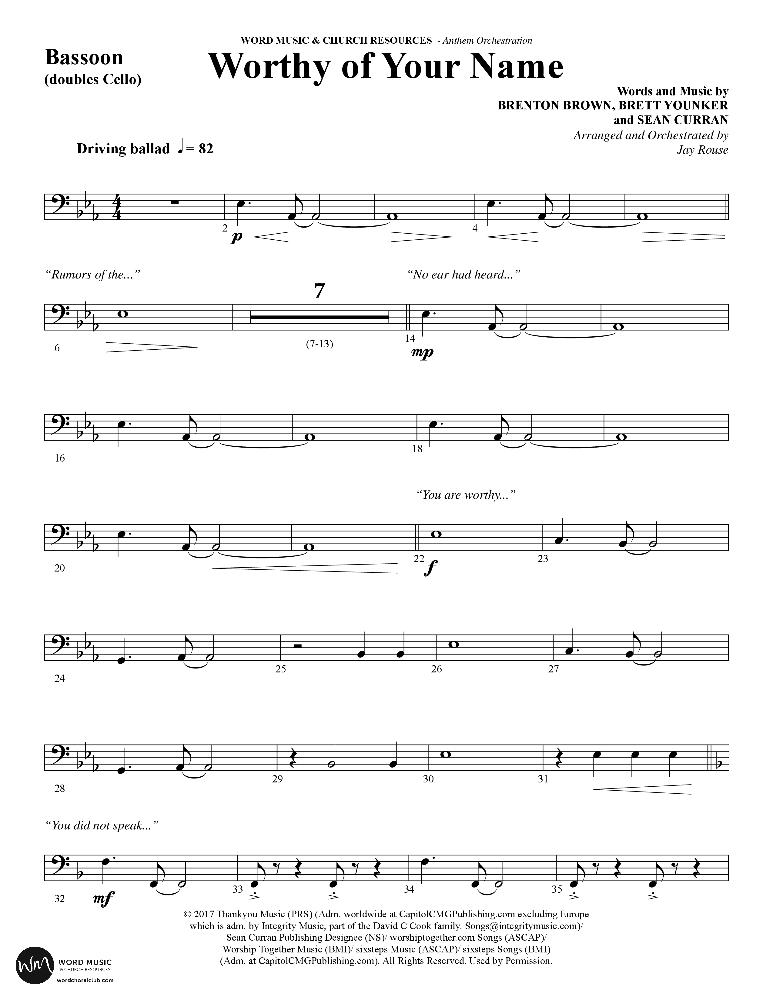 Worthy Of Your Name (Choral Anthem SATB) Bassoon (Word Music Choral / Arr. Jay Rouse)