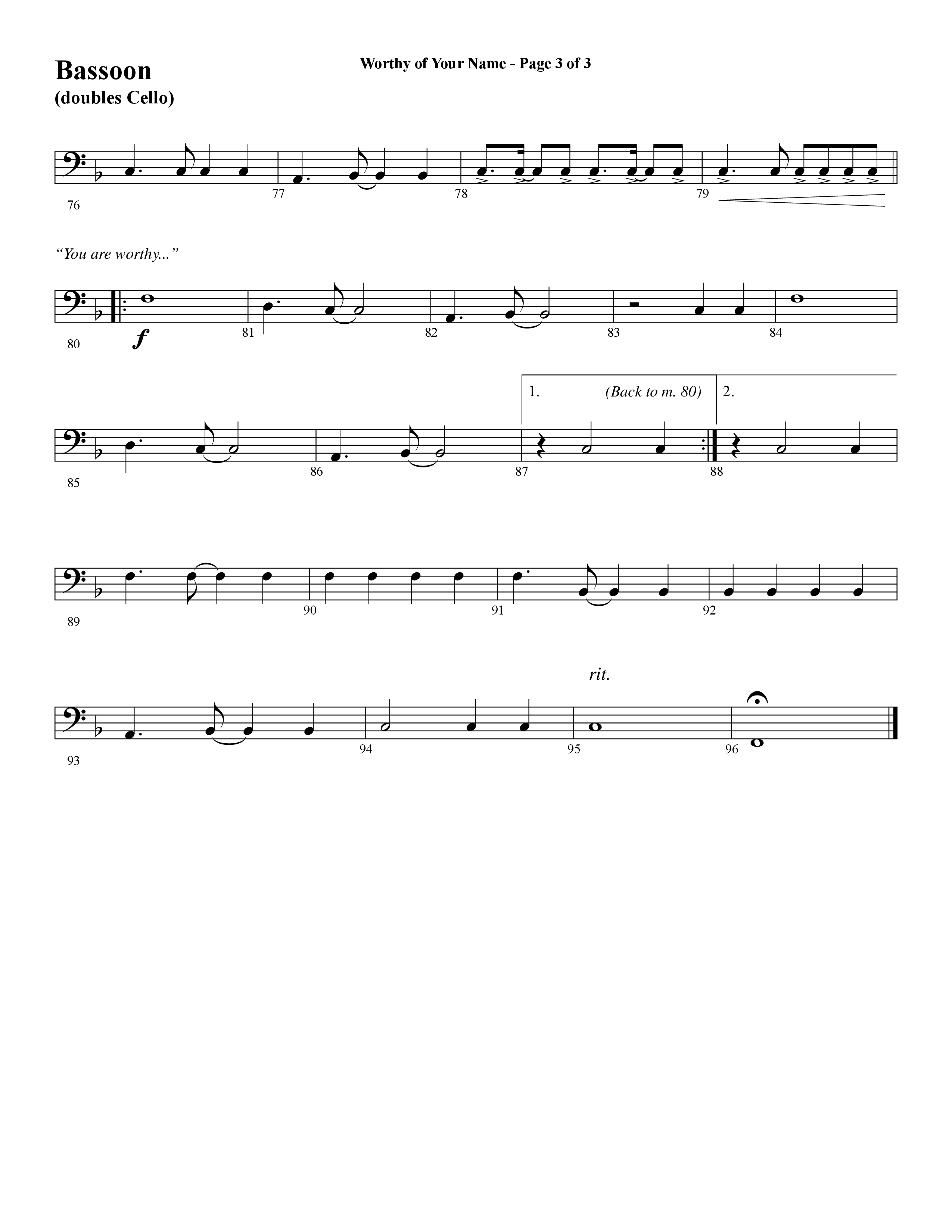 Worthy Of Your Name (Choral Anthem SATB) Bassoon (Word Music Choral / Arr. Jay Rouse)