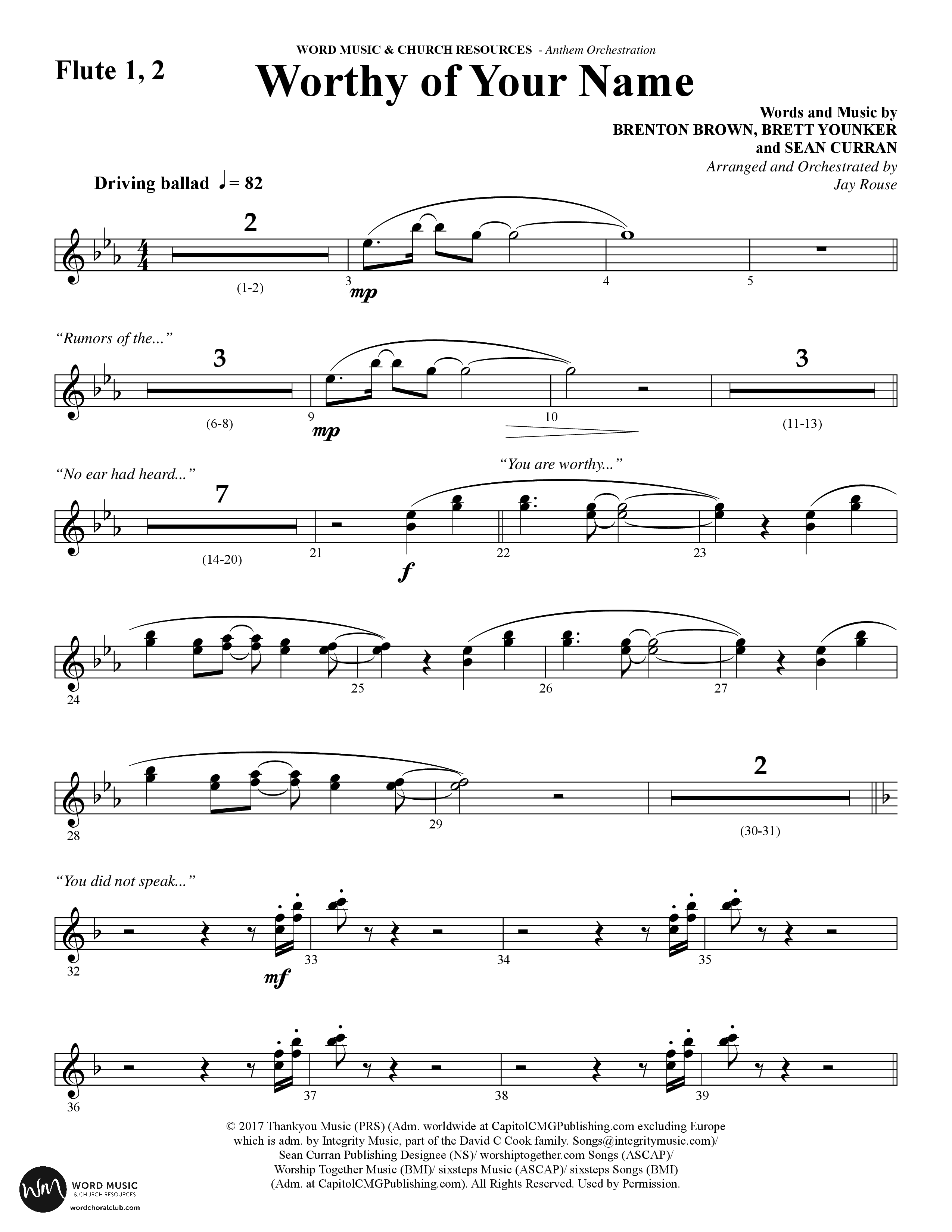 Worthy Of Your Name (Choral Anthem SATB) Flute 1/2 (Word Music Choral / Arr. Jay Rouse)