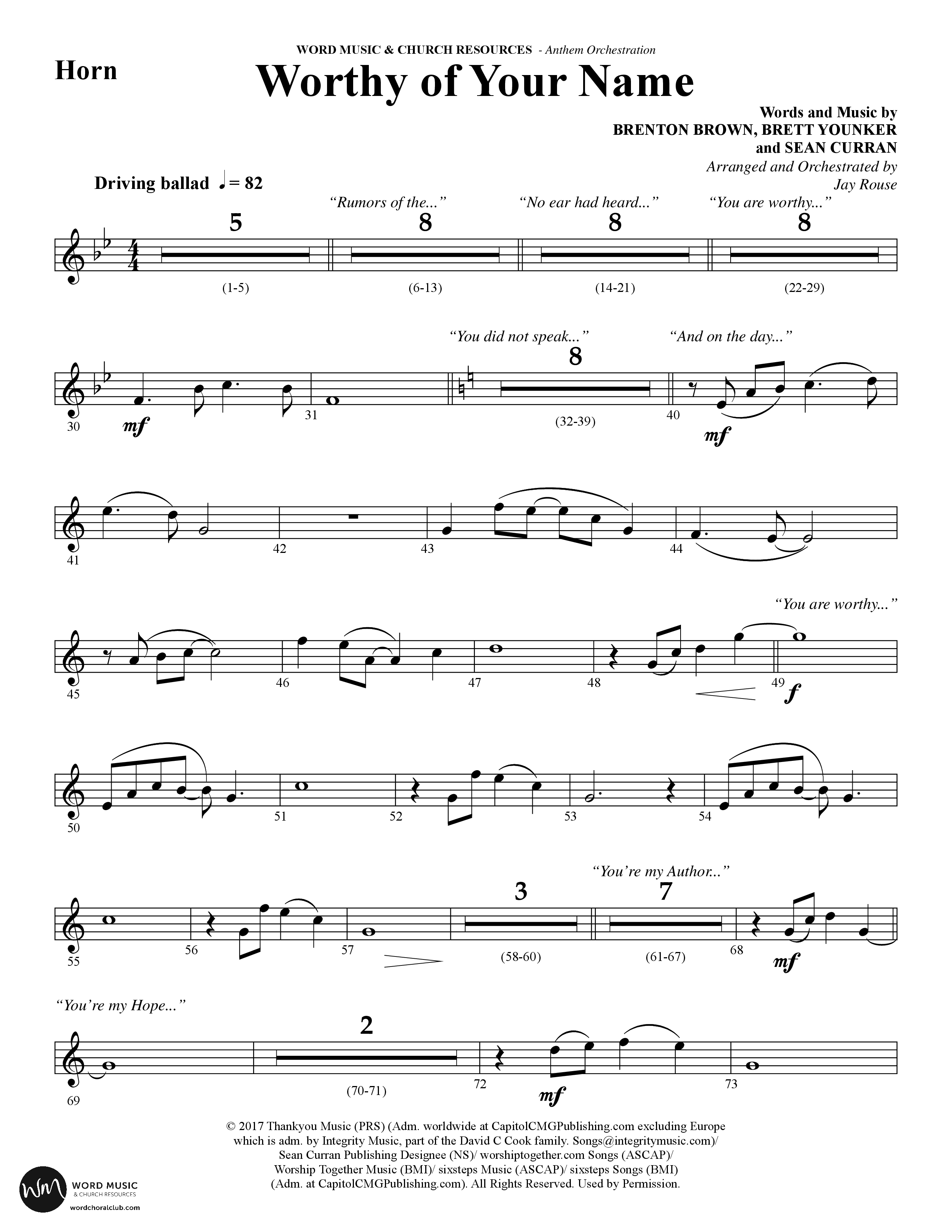 Worthy Of Your Name (Choral Anthem SATB) French Horn (Word Music Choral / Arr. Jay Rouse)
