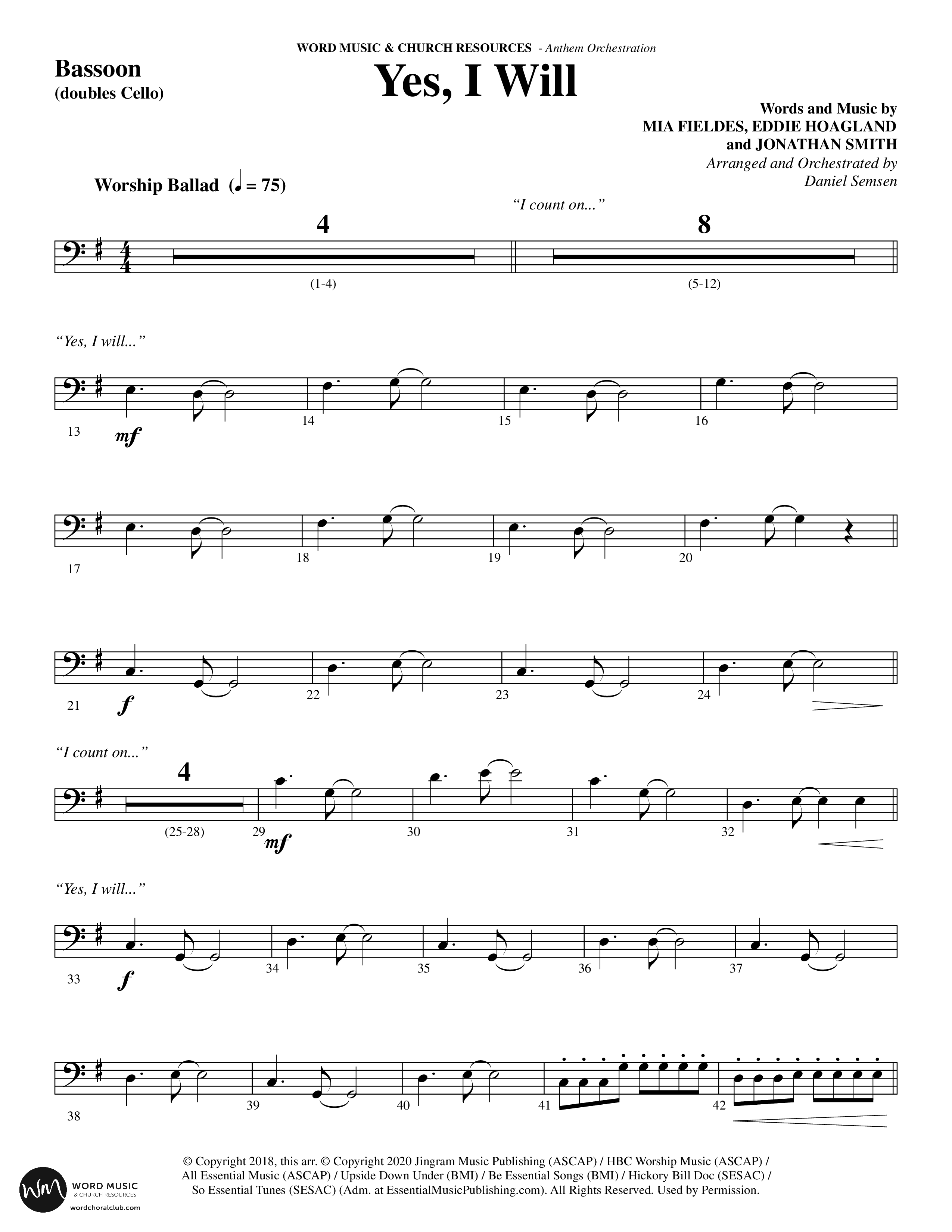 Yes I Will (Choral Anthem SATB) Bassoon (Word Music Choral / Arr. Daniel Semsen)