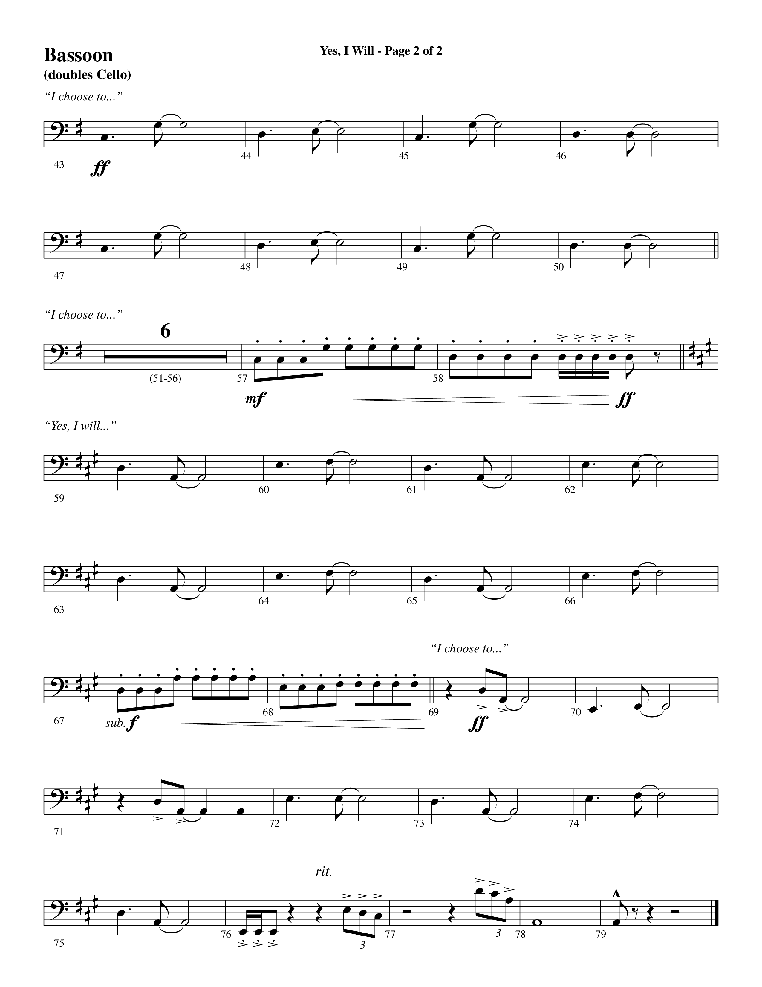 Yes I Will (Choral Anthem SATB) Bassoon (Word Music Choral / Arr. Daniel Semsen)