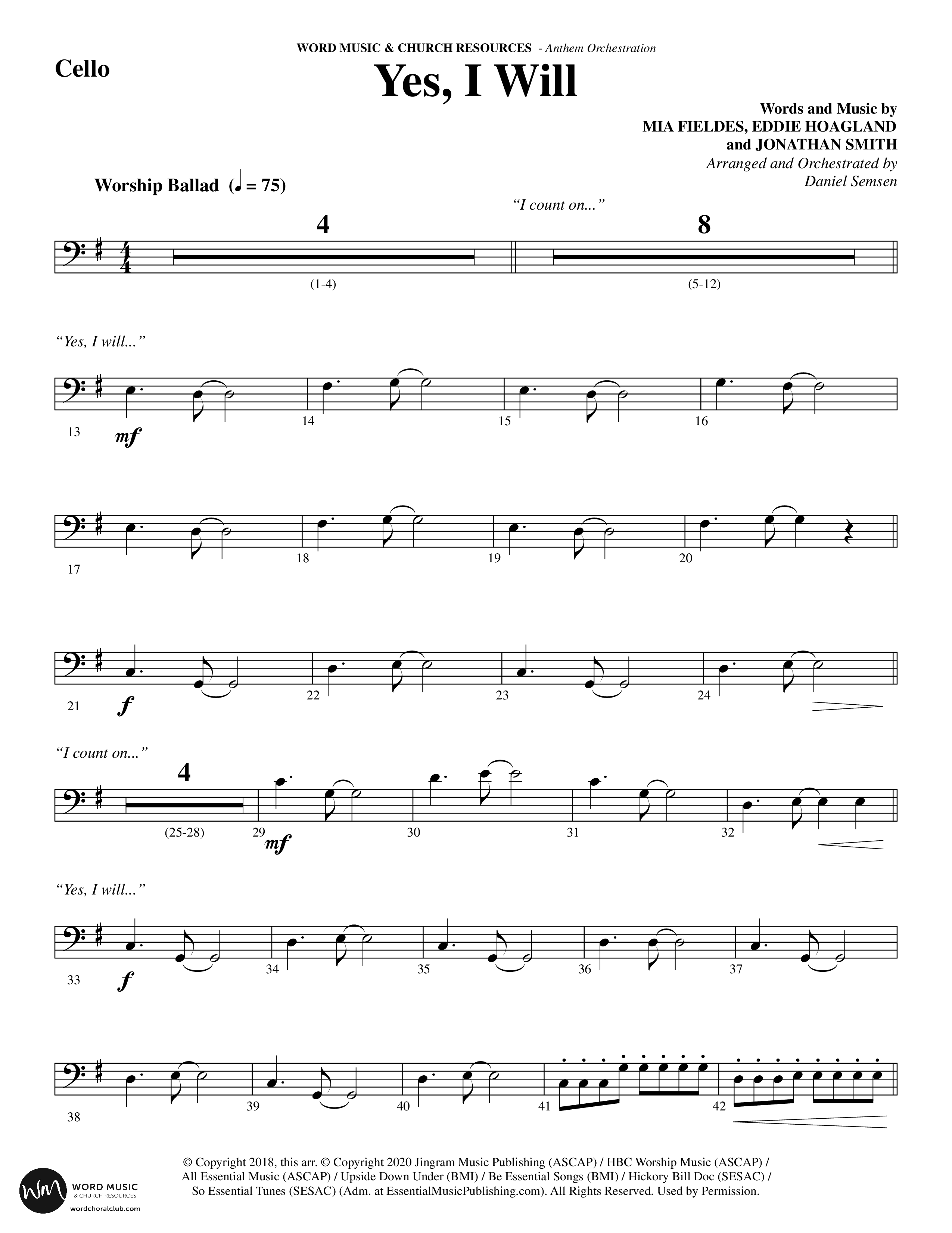 Yes I Will (Choral Anthem SATB) Cello (Word Music Choral / Arr. Daniel Semsen)