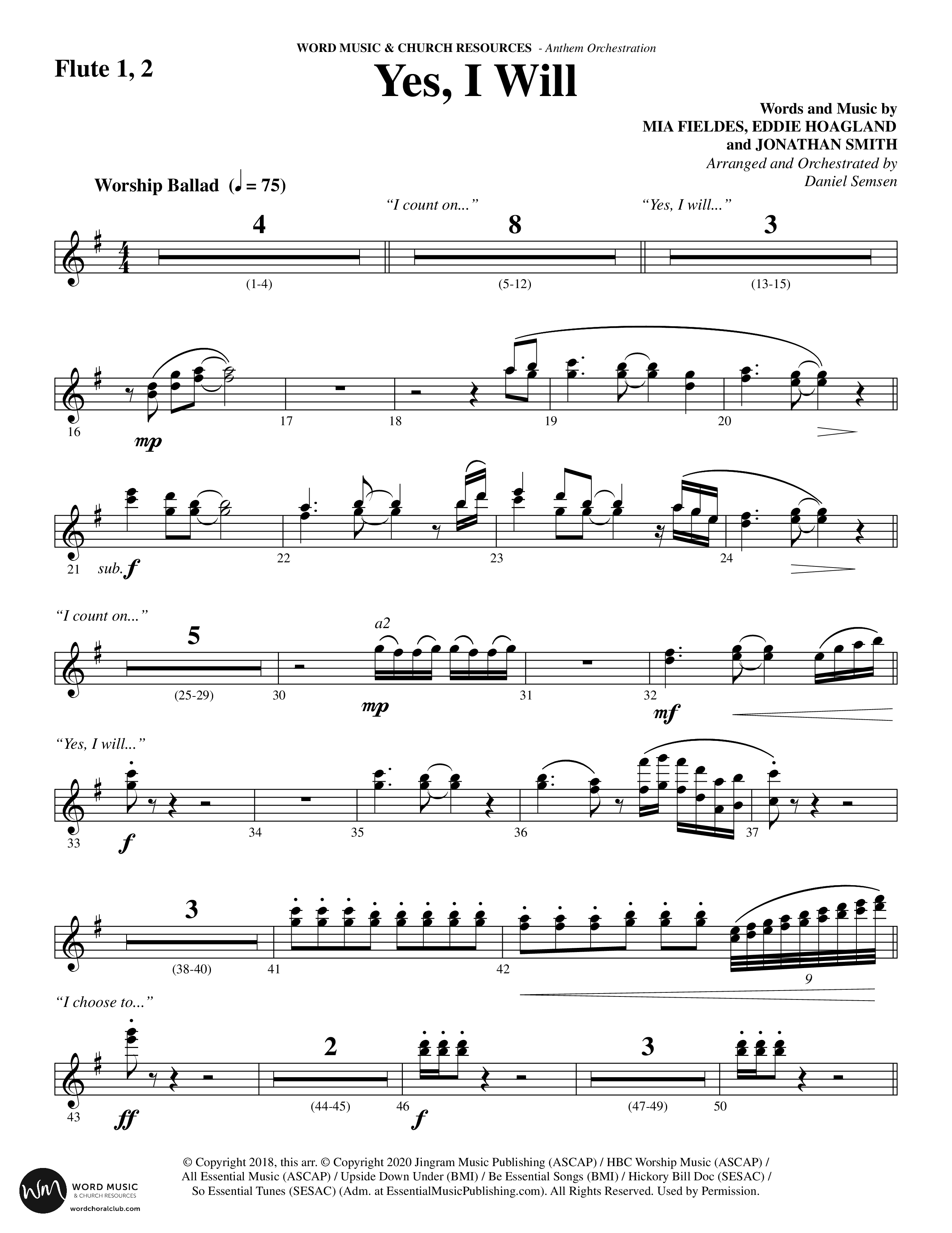 Yes I Will (Choral Anthem SATB) Flute 1/2 (Word Music Choral / Arr. Daniel Semsen)