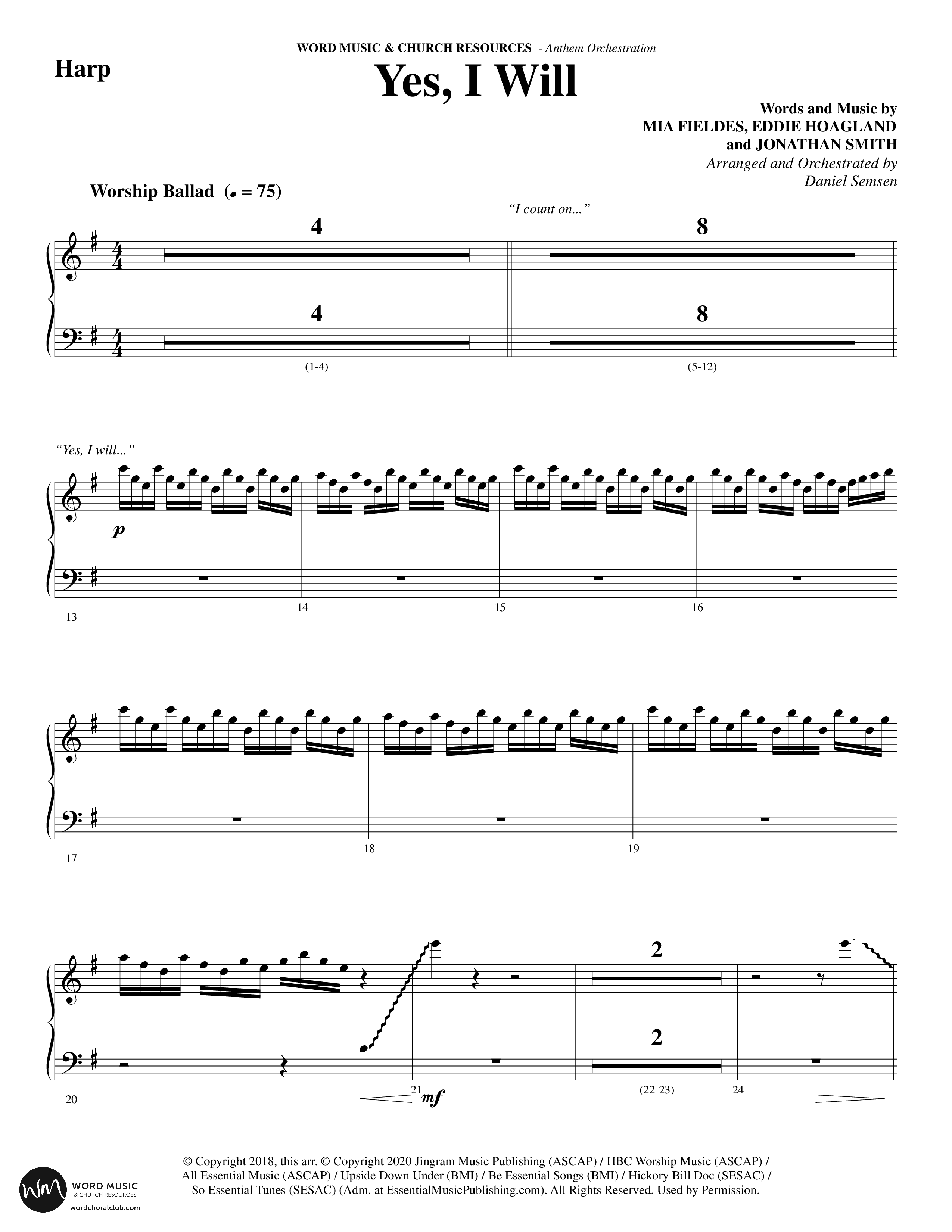Yes I Will (Choral Anthem SATB) Harp (Word Music Choral / Arr. Daniel Semsen)
