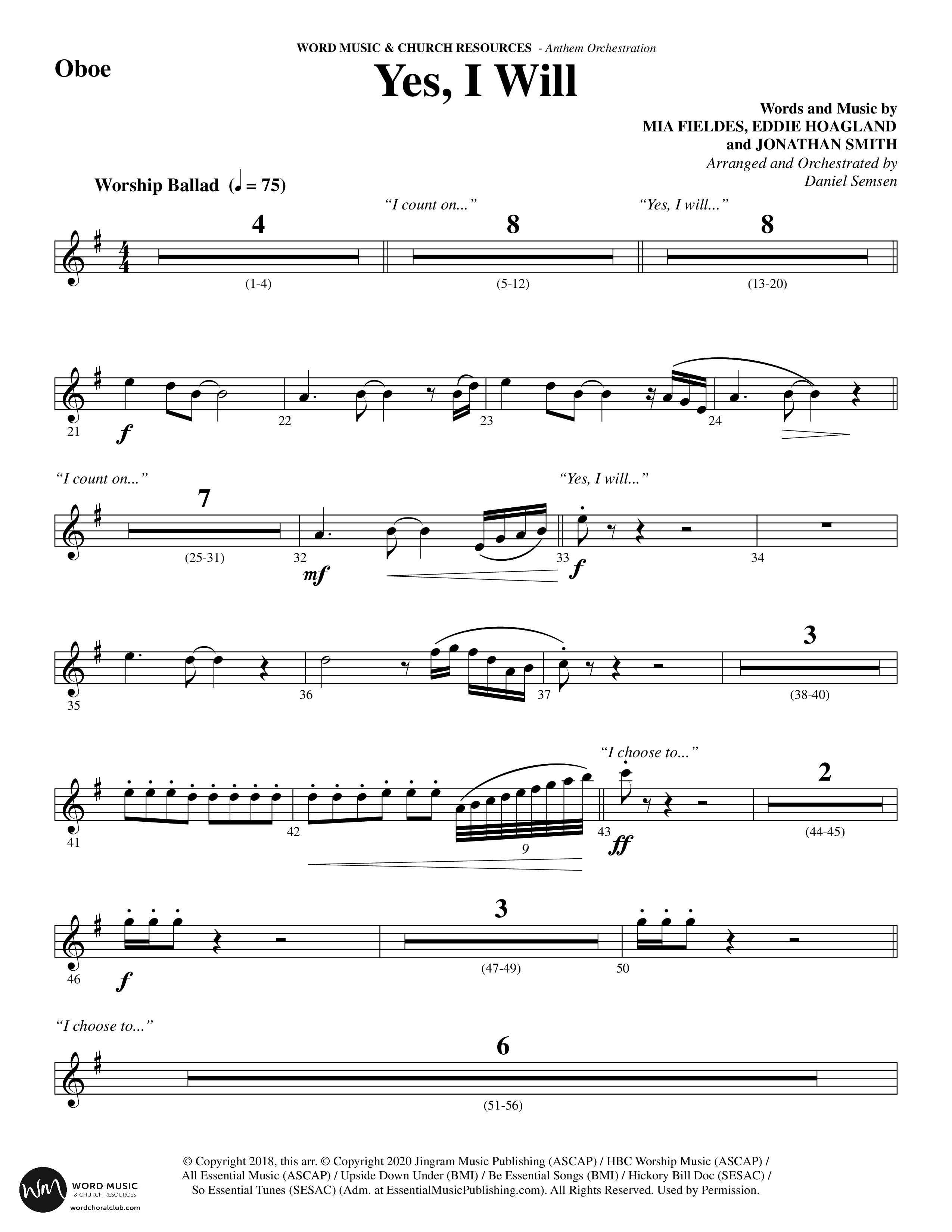 Yes I Will (Choral Anthem SATB) Oboe (Word Music Choral / Arr. Daniel Semsen)