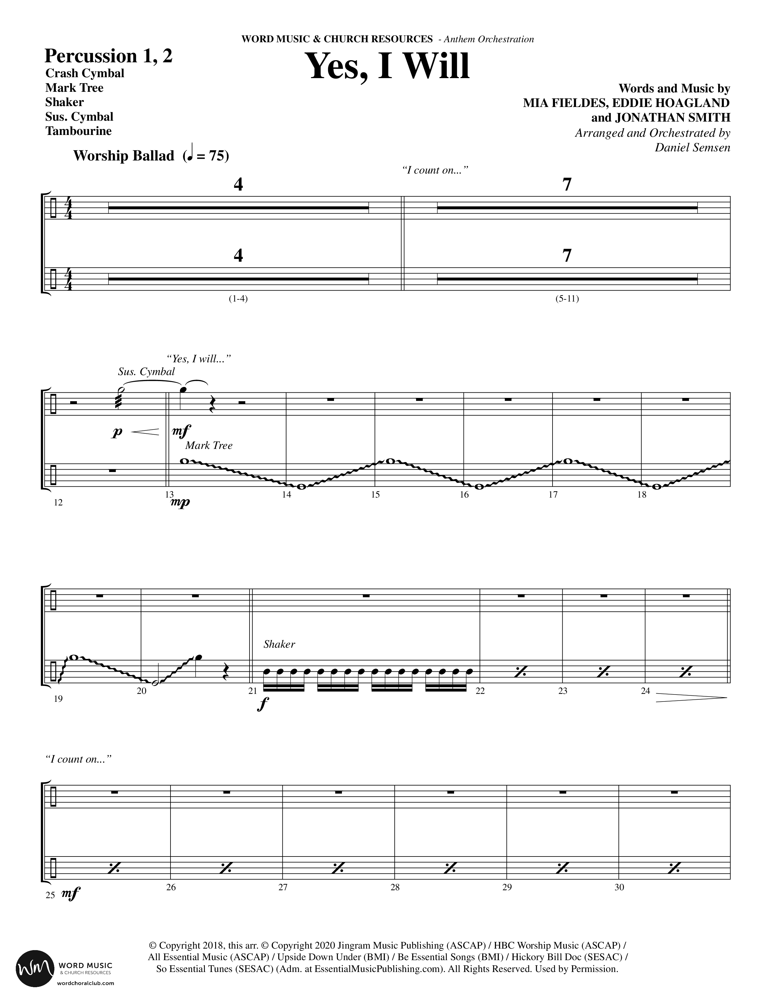Yes I Will (Choral Anthem SATB) Percussion 1/2 (Word Music Choral / Arr. Daniel Semsen)