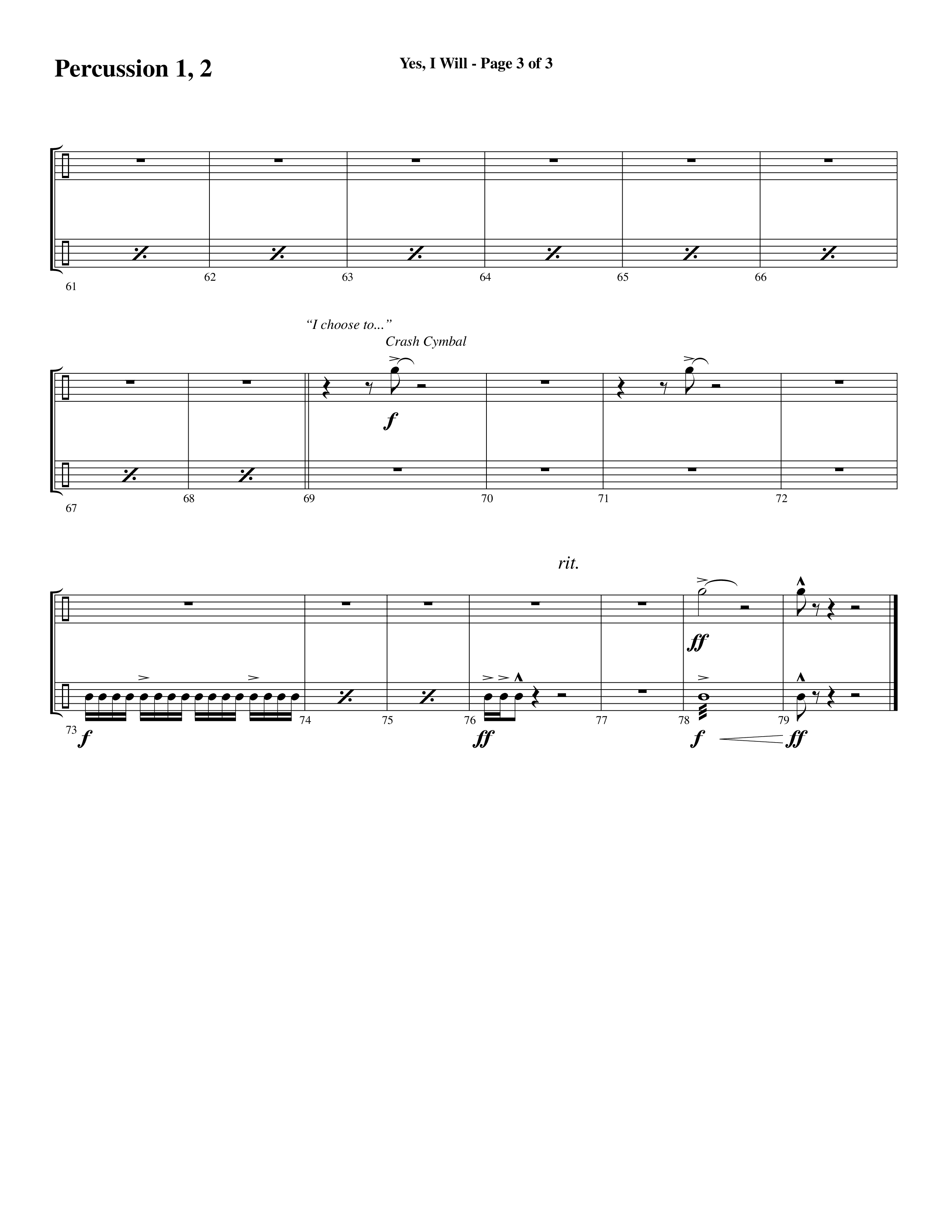 Yes I Will (Choral Anthem SATB) Percussion 1/2 (Word Music Choral / Arr. Daniel Semsen)