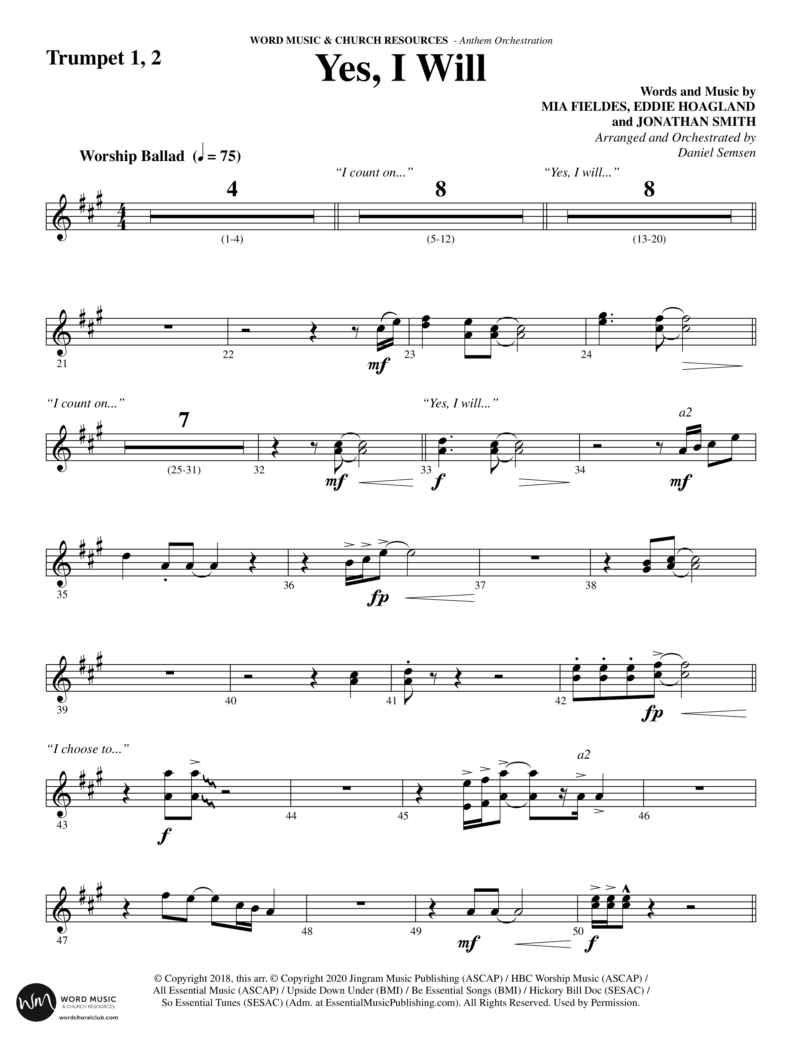 Yes I Will (Choral Anthem SATB) Trumpet 1,2 (Word Music Choral / Arr. Daniel Semsen)