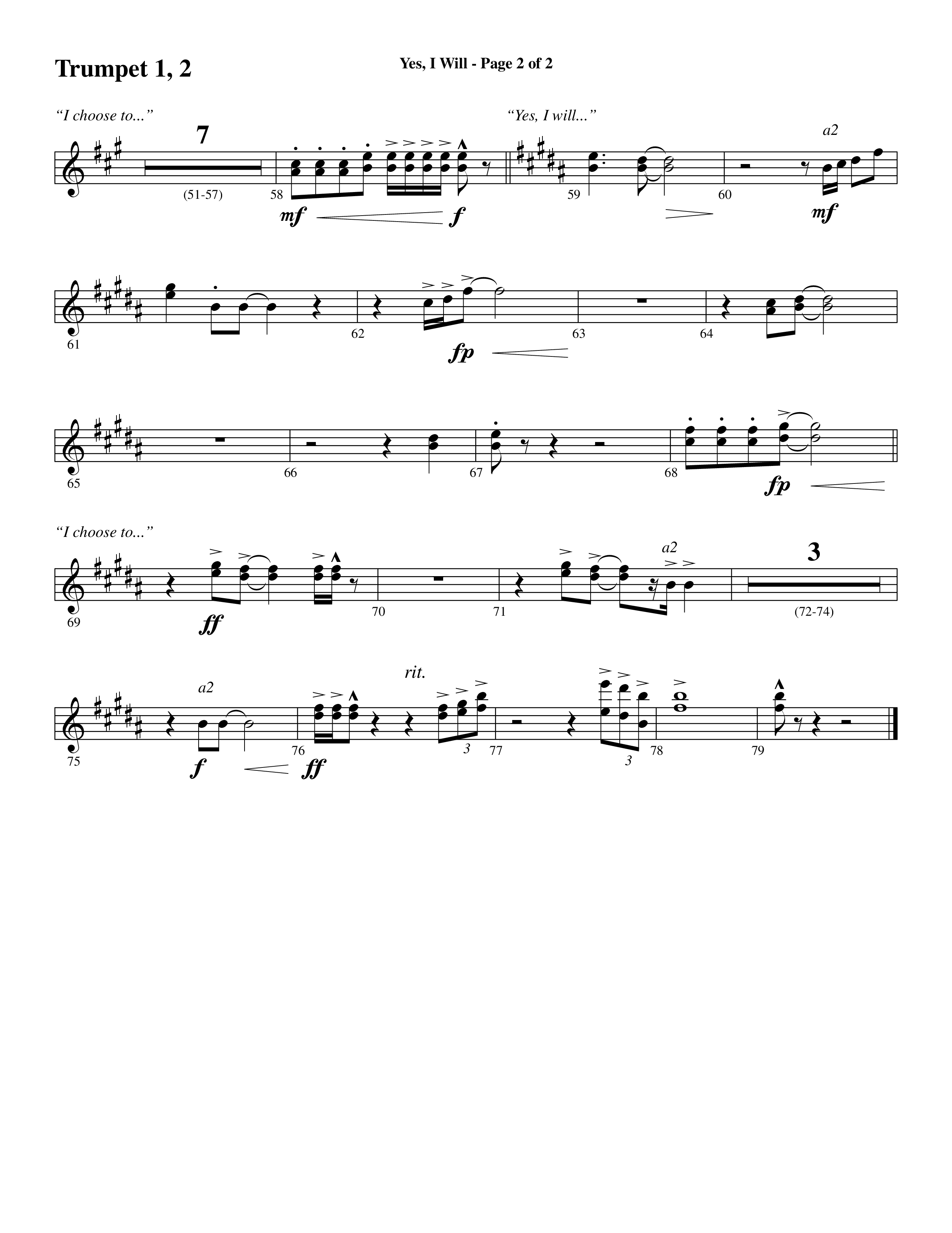 Yes I Will (Choral Anthem SATB) Trumpet 1,2 (Word Music Choral / Arr. Daniel Semsen)