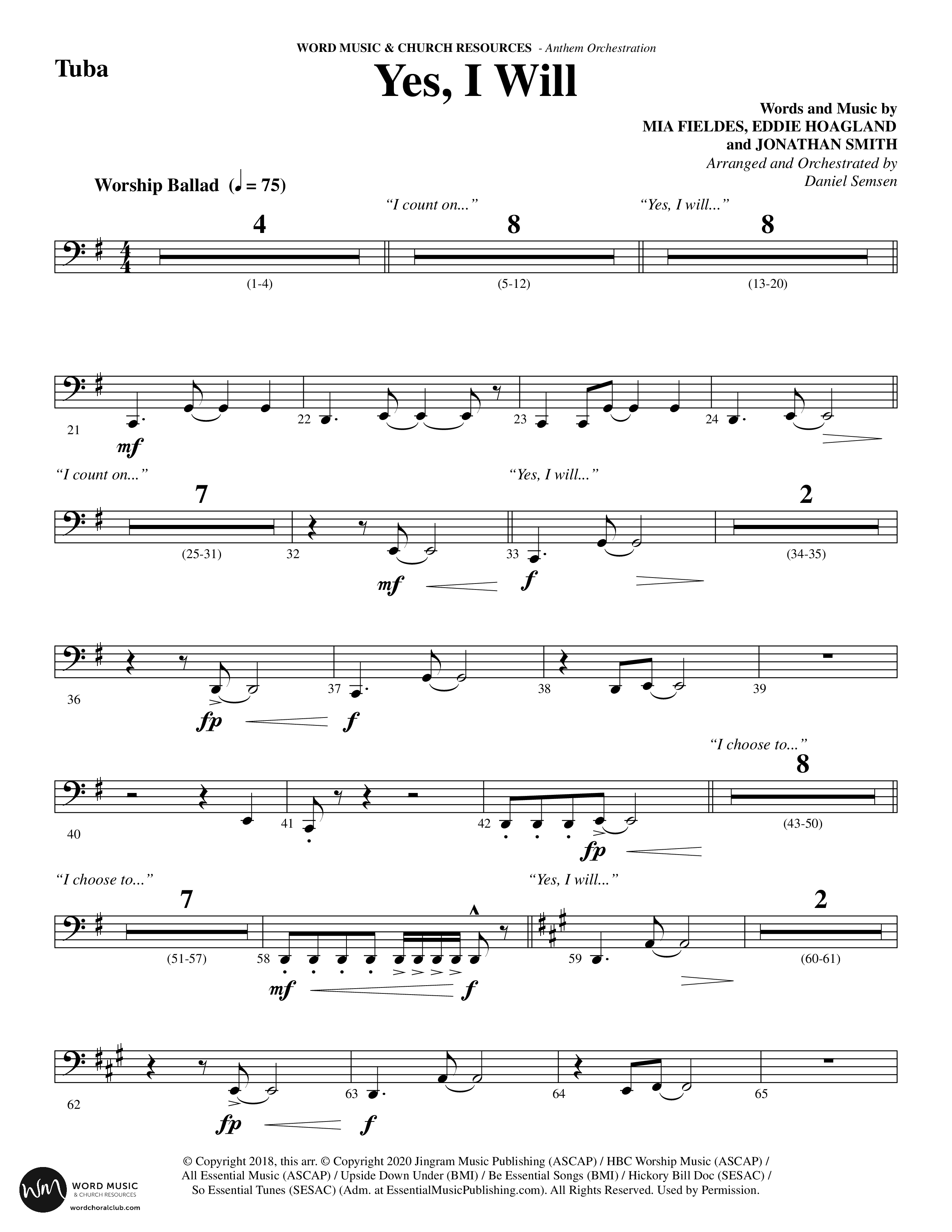 Yes I Will (Choral Anthem SATB) Tuba (Word Music Choral / Arr. Daniel Semsen)