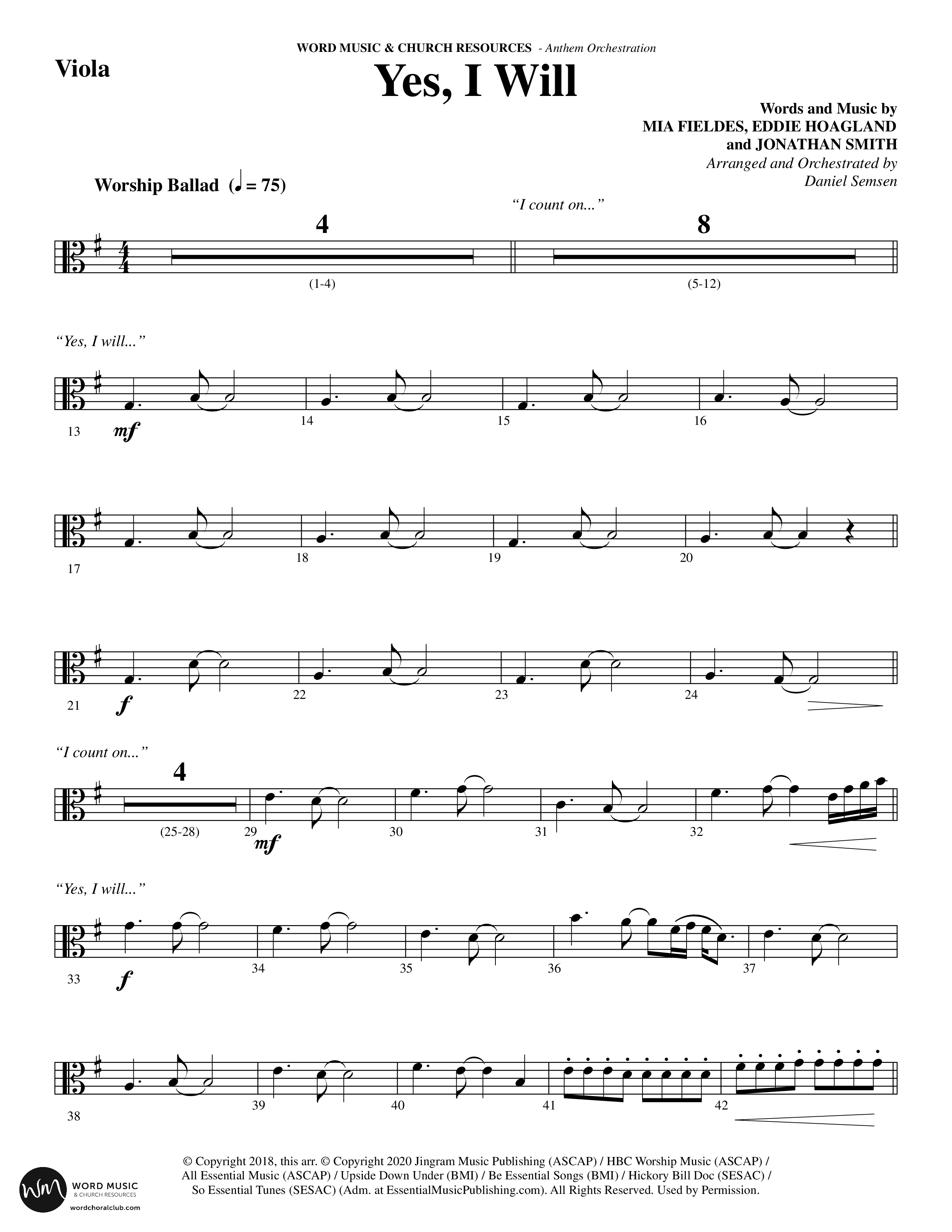 Yes I Will (Choral Anthem SATB) Viola (Word Music Choral / Arr. Daniel Semsen)