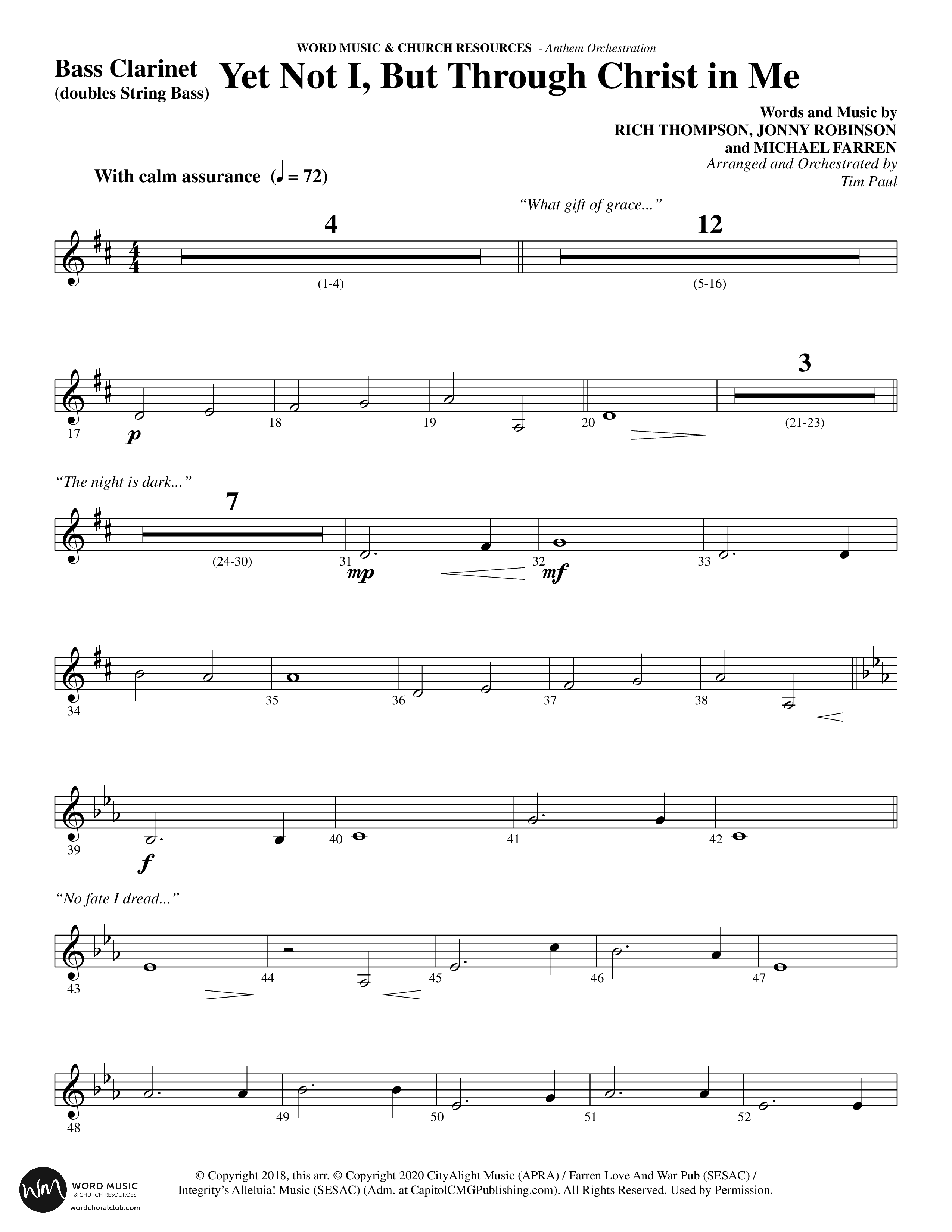 Yet Not I But Through Christ In Me (Choral Anthem SATB) Bass Clarinet (Word Music Choral / Arr. Tim Paul)