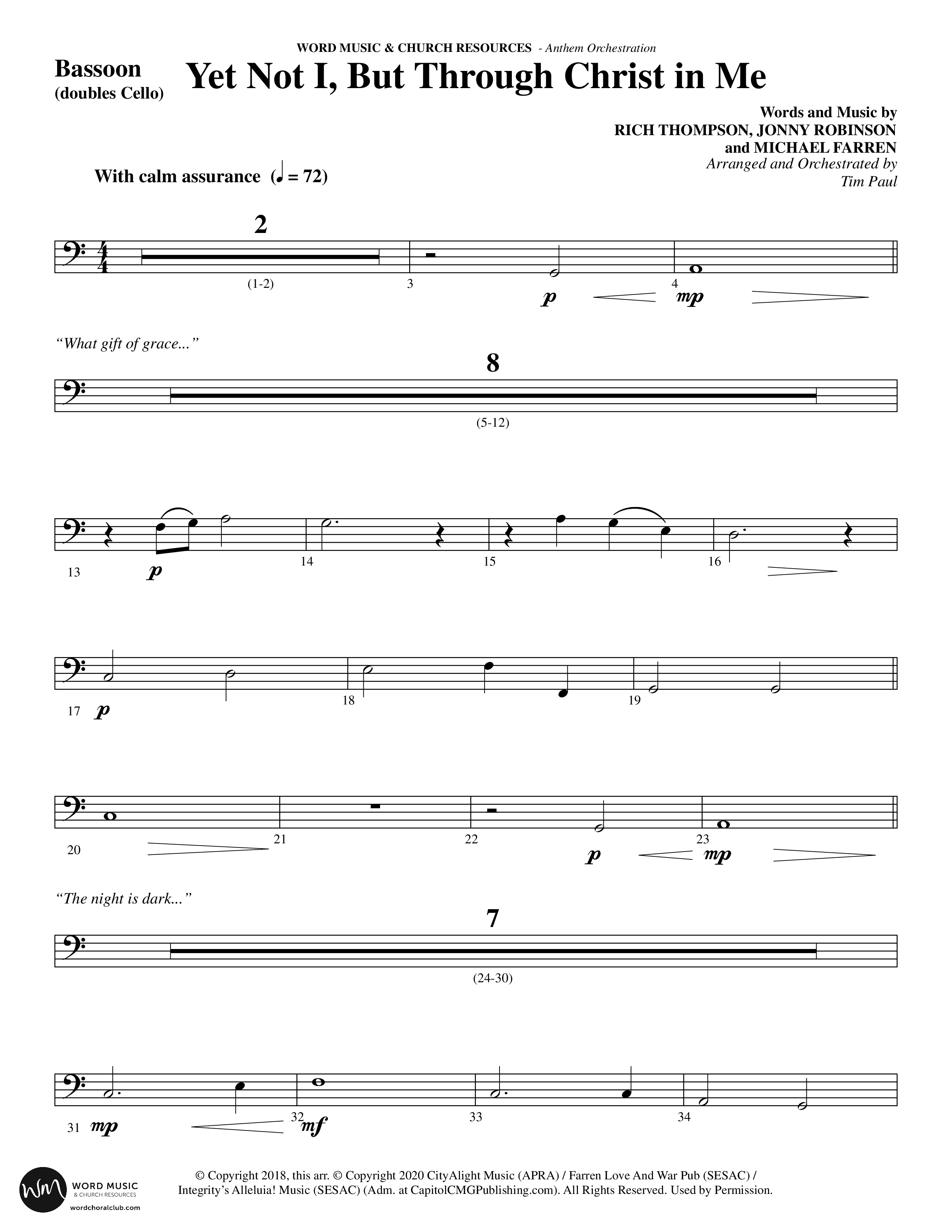 Yet Not I But Through Christ In Me (Choral Anthem SATB) Bassoon (Word Music Choral / Arr. Tim Paul)