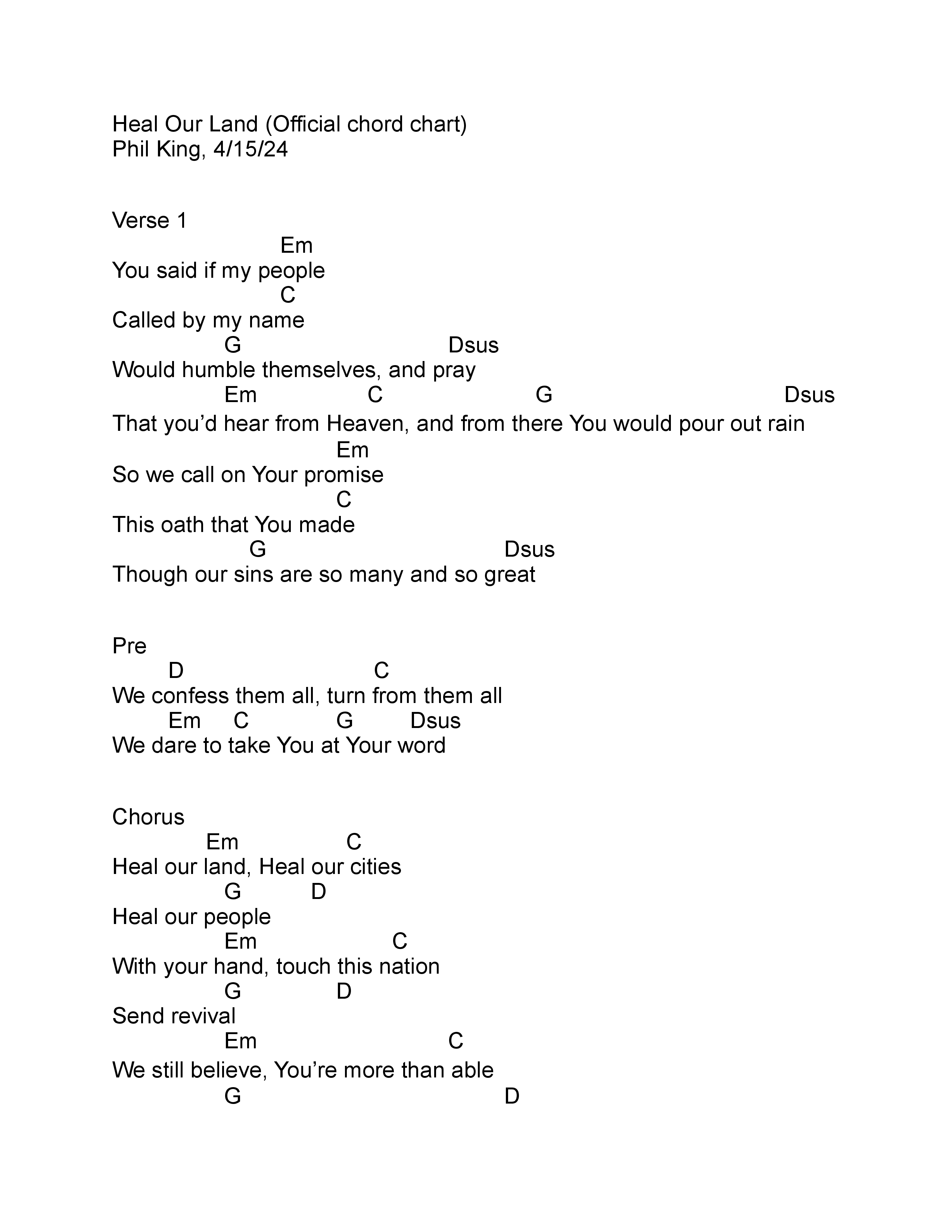 Heal Our Land Chord Chart (Phil King)