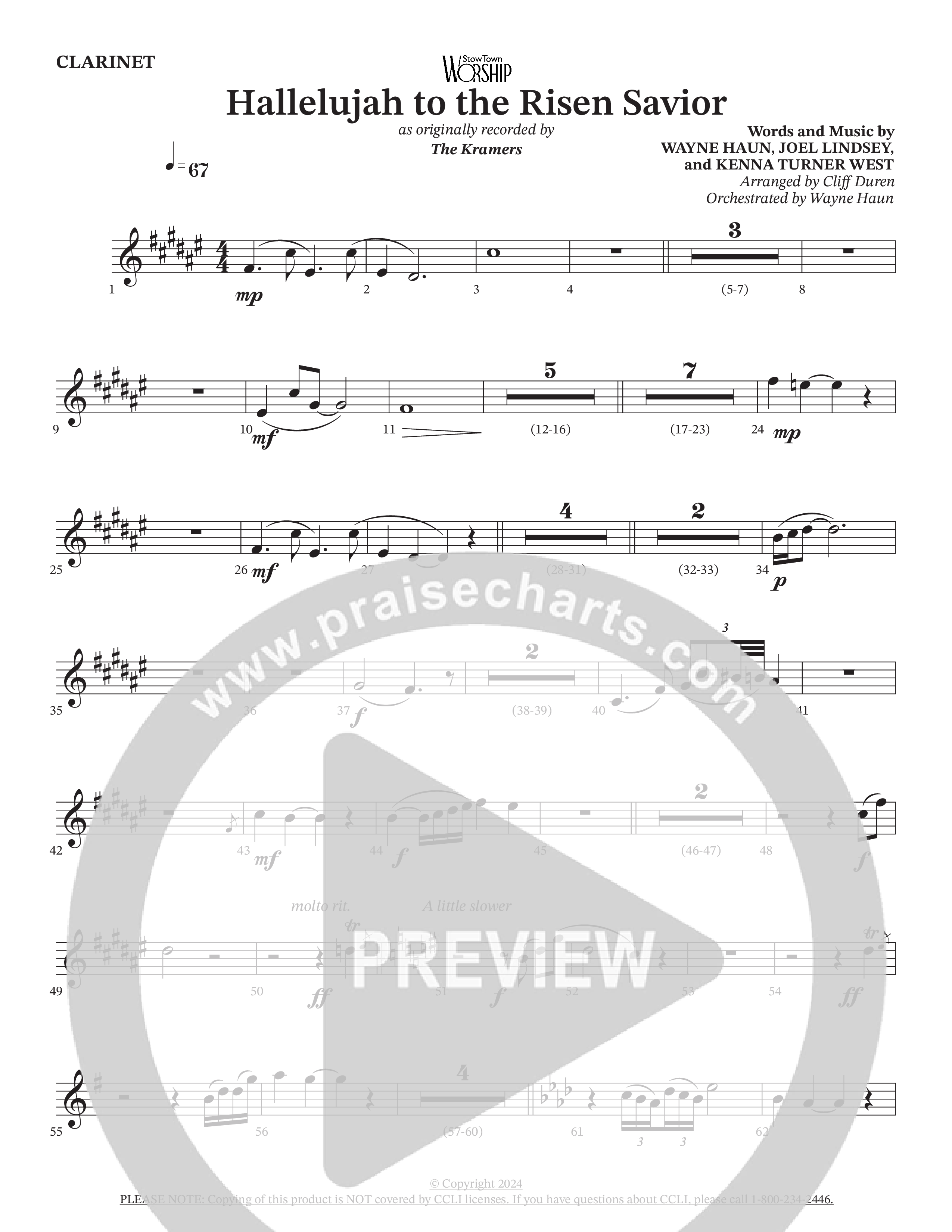 Hallelujah To The Risen Savior (Choral Anthem SATB) Clarinet (The Kramers / Arr. Cliff Duren / Orch. Wayne Haun)