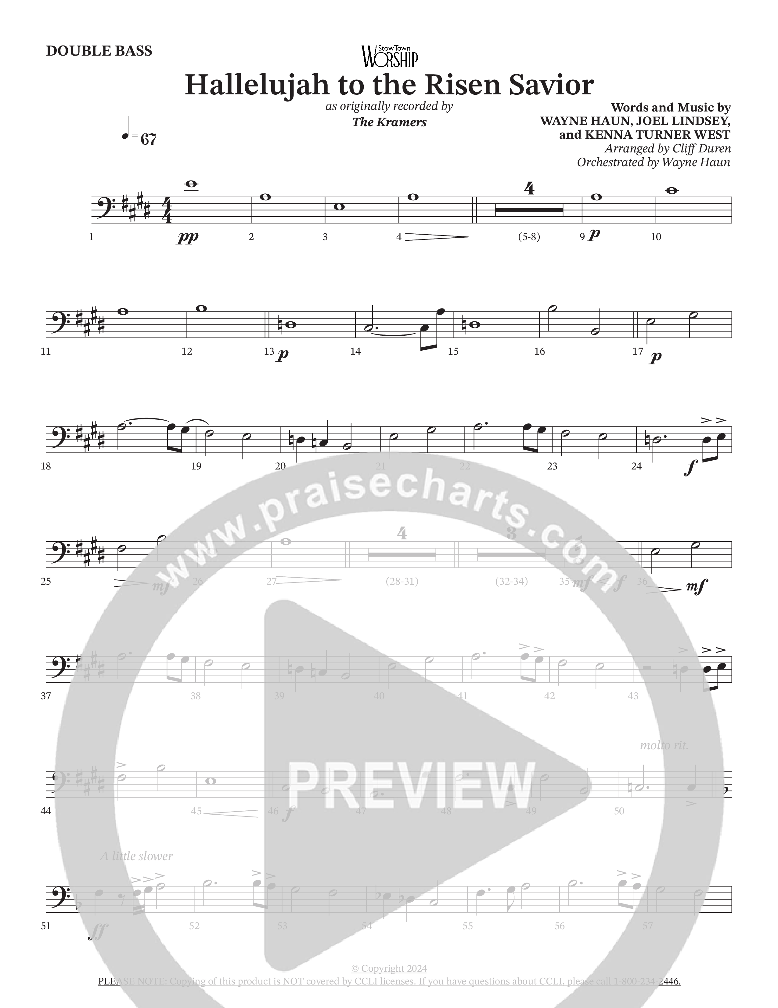 Hallelujah To The Risen Savior (Choral Anthem SATB) Double Bass (The Kramers / Arr. Cliff Duren / Orch. Wayne Haun)
