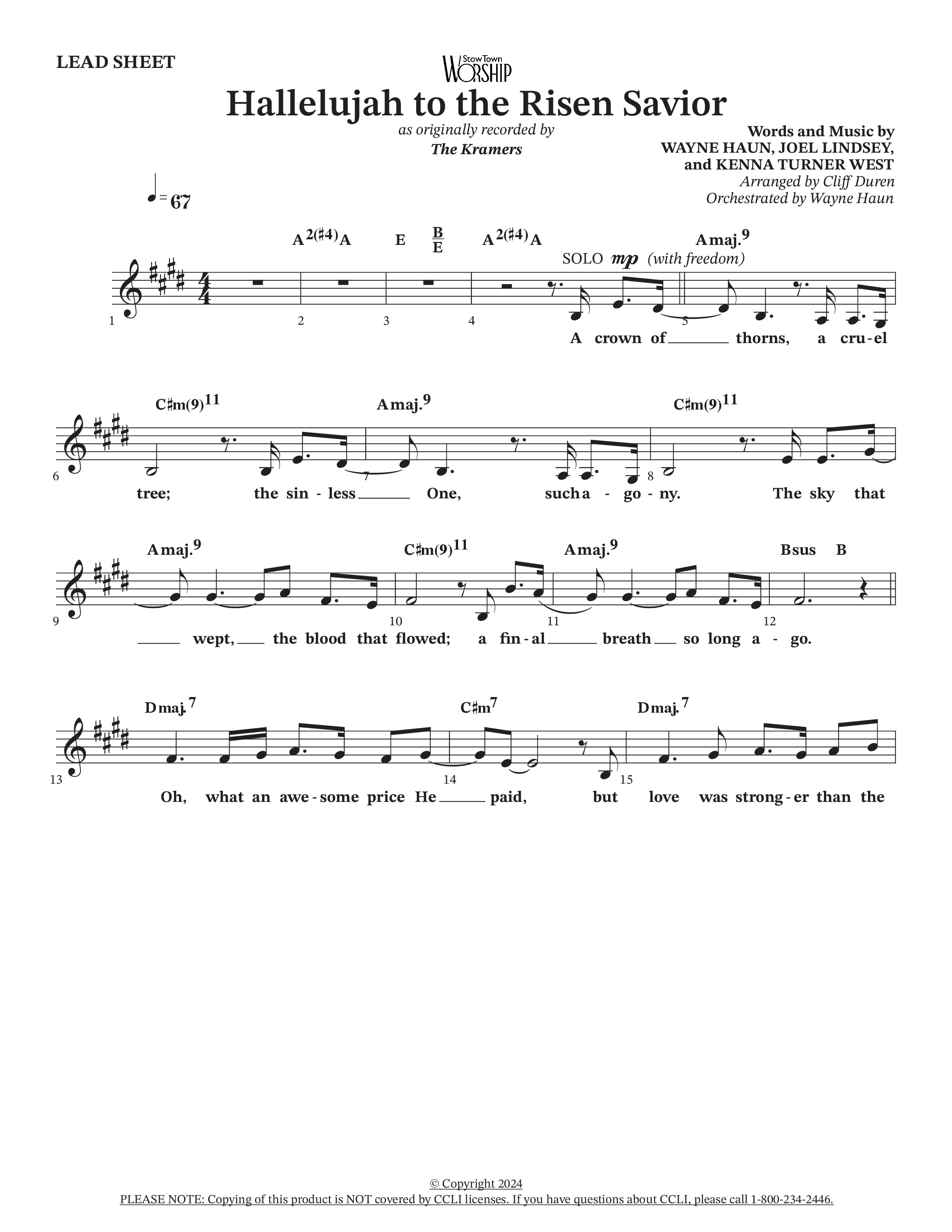 Hallelujah To The Risen Savior (Choral Anthem SATB) Lead Sheet (SAT) (The Kramers / Arr. Cliff Duren / Orch. Wayne Haun)