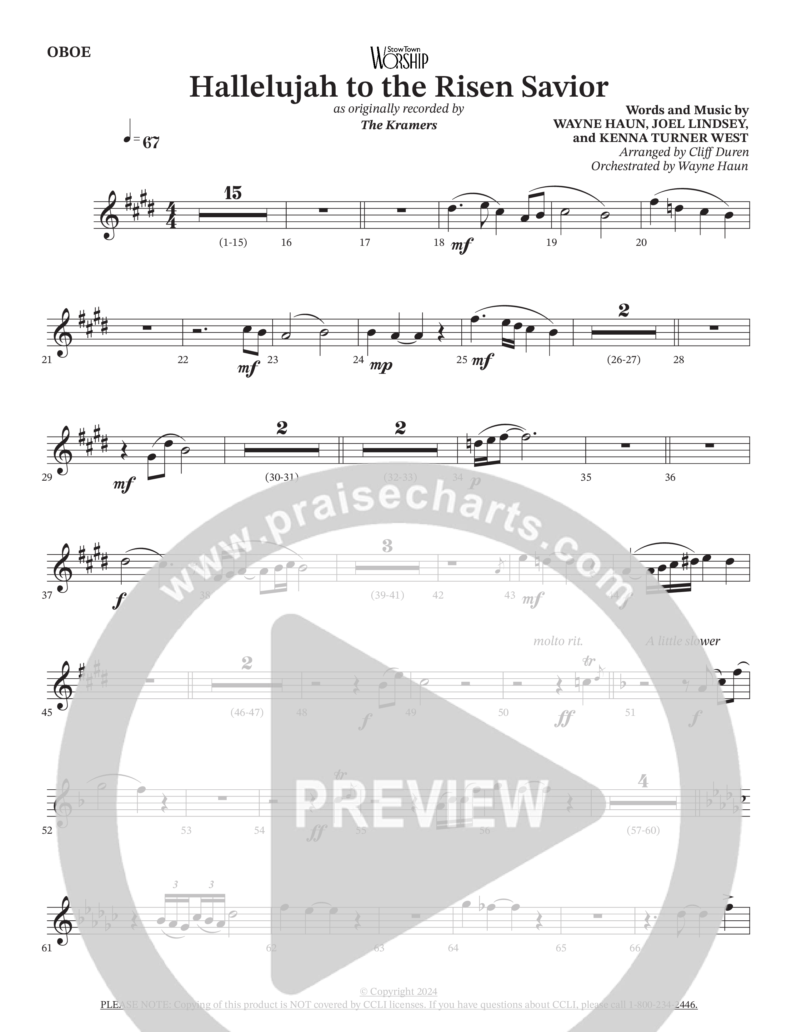 Hallelujah To The Risen Savior (Choral Anthem SATB) Oboe (The Kramers / Arr. Cliff Duren / Orch. Wayne Haun)