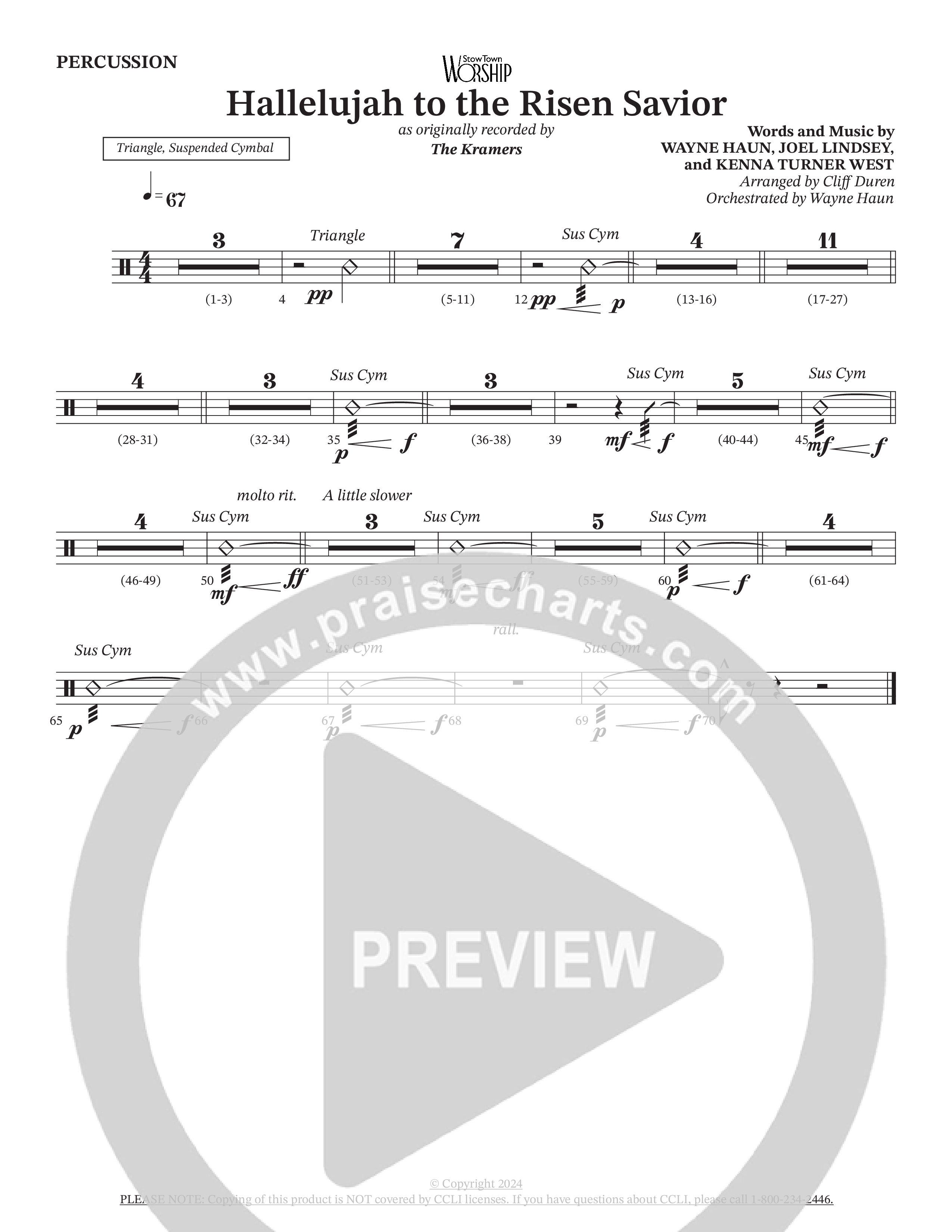 Hallelujah To The Risen Savior (Choral Anthem SATB) Percussion (The Kramers / Arr. Cliff Duren / Orch. Wayne Haun)