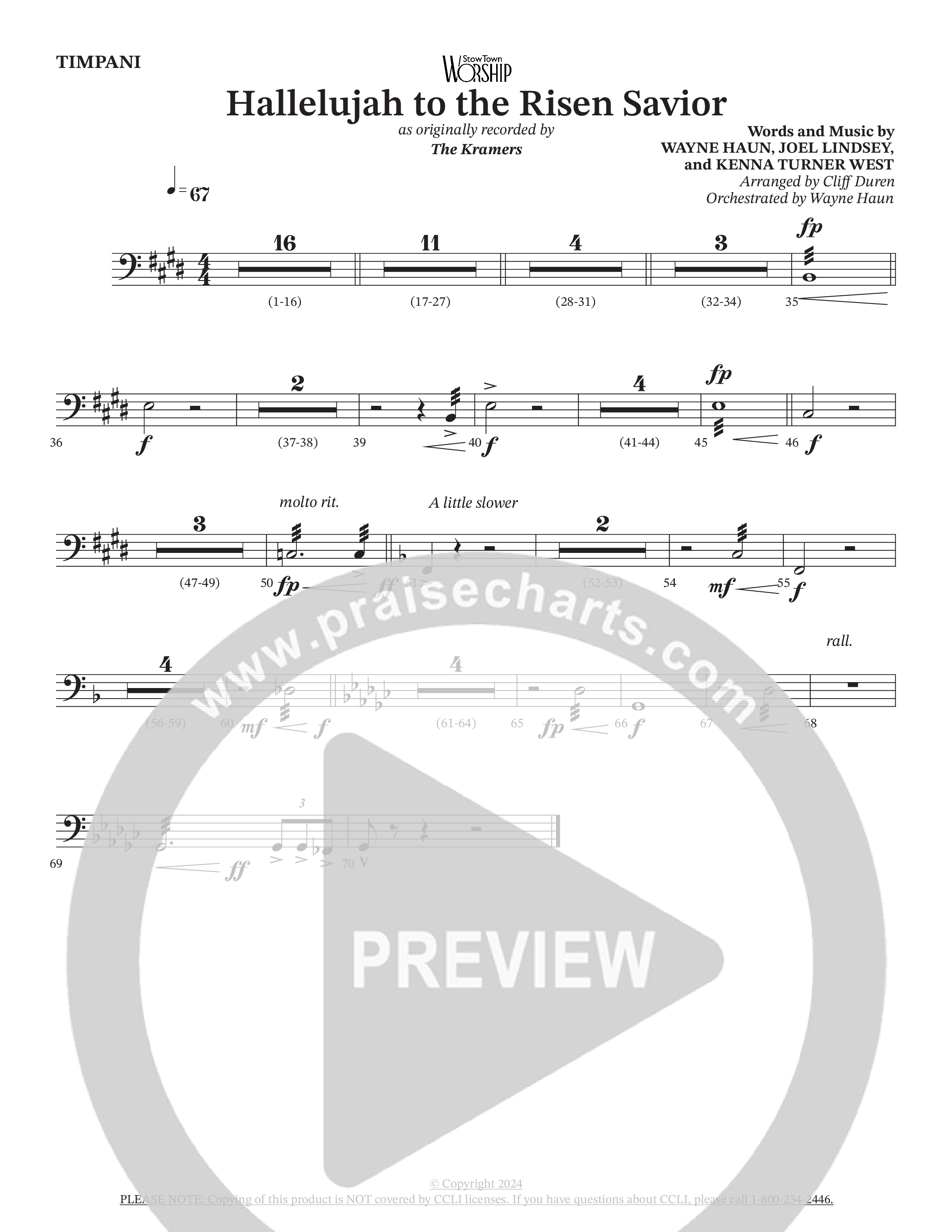 Hallelujah To The Risen Savior (Choral Anthem SATB) Timpani (The Kramers / Arr. Cliff Duren / Orch. Wayne Haun)