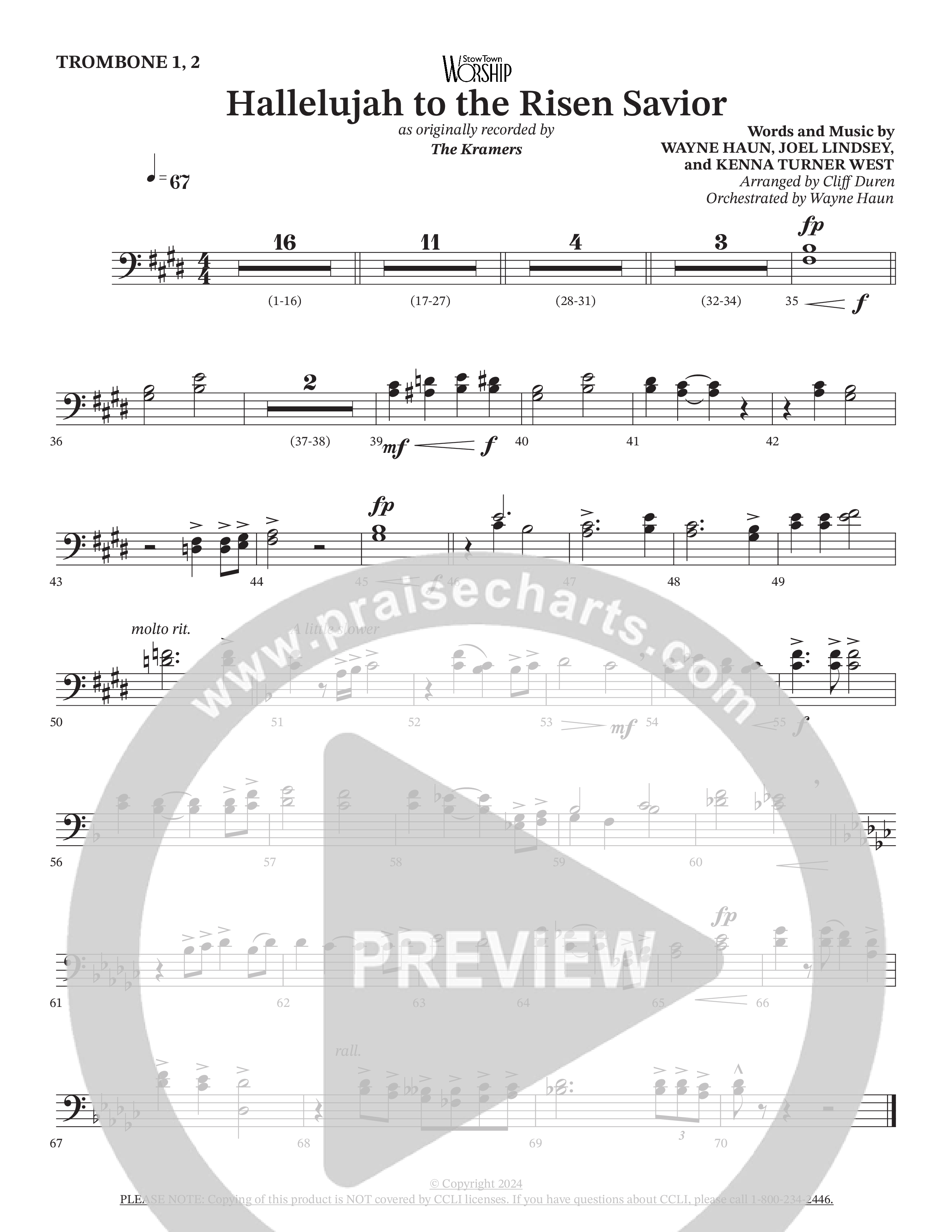 Hallelujah To The Risen Savior (Choral Anthem SATB) Trombone 1/2 (The Kramers / Arr. Cliff Duren / Orch. Wayne Haun)