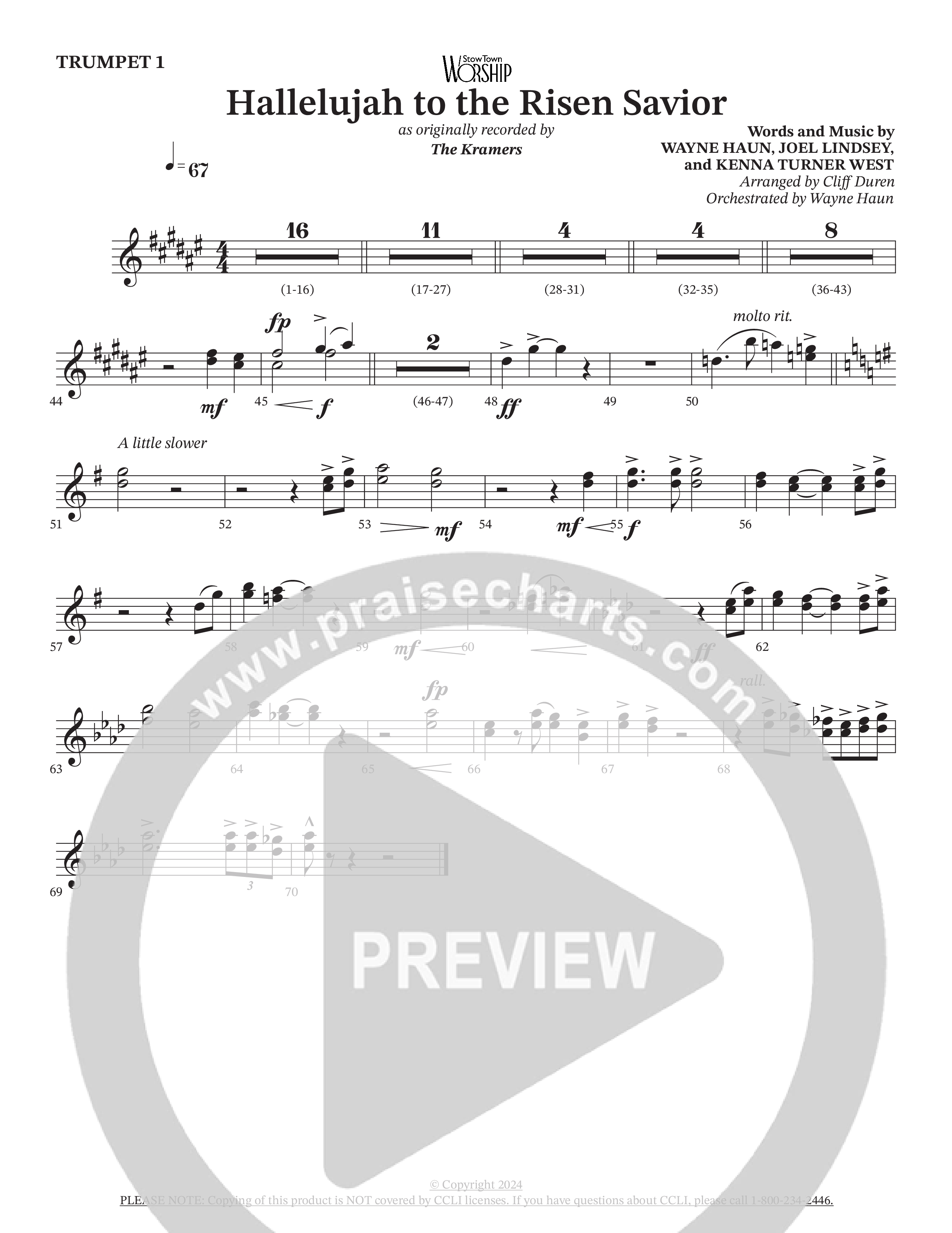 Hallelujah To The Risen Savior (Choral Anthem SATB) Trumpet 1 (The Kramers / Arr. Cliff Duren / Orch. Wayne Haun)