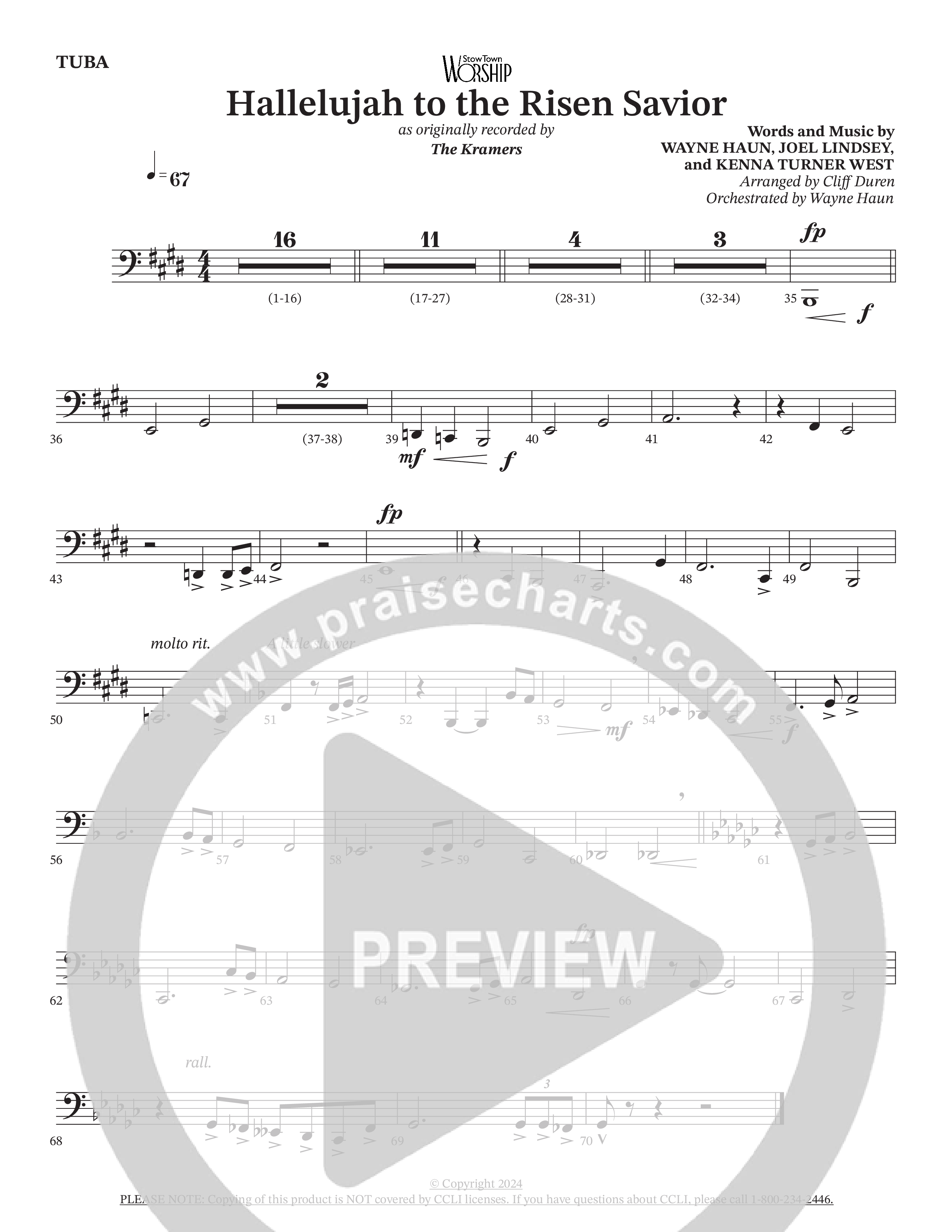 Hallelujah To The Risen Savior (Choral Anthem SATB) Tuba (The Kramers / Arr. Cliff Duren / Orch. Wayne Haun)
