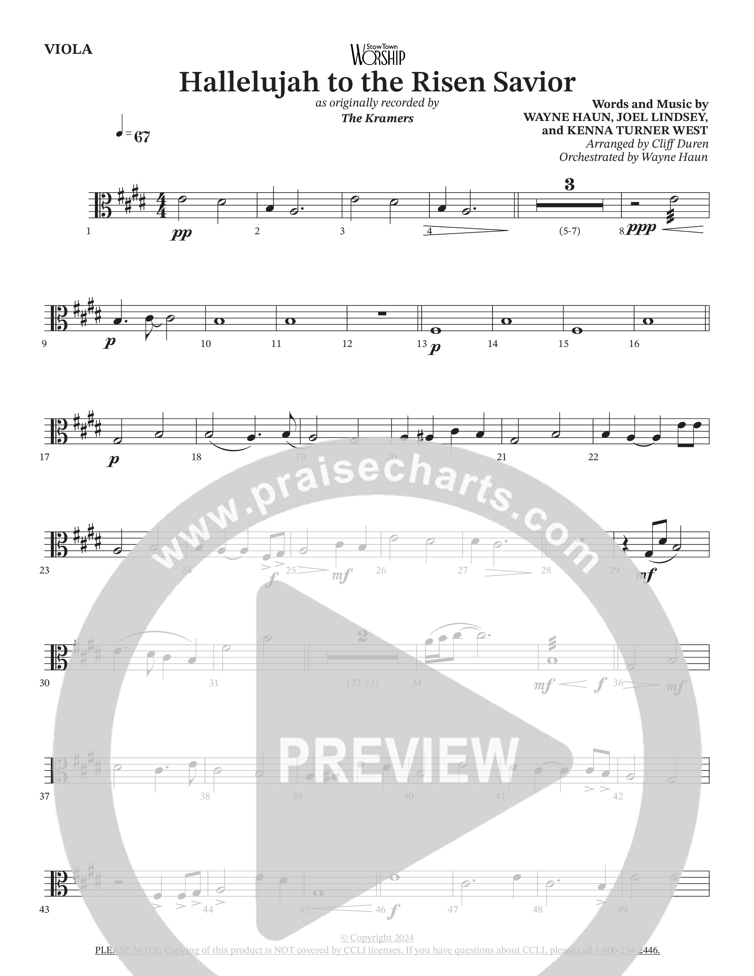 Hallelujah To The Risen Savior (Choral Anthem SATB) Viola (The Kramers / Arr. Cliff Duren / Orch. Wayne Haun)