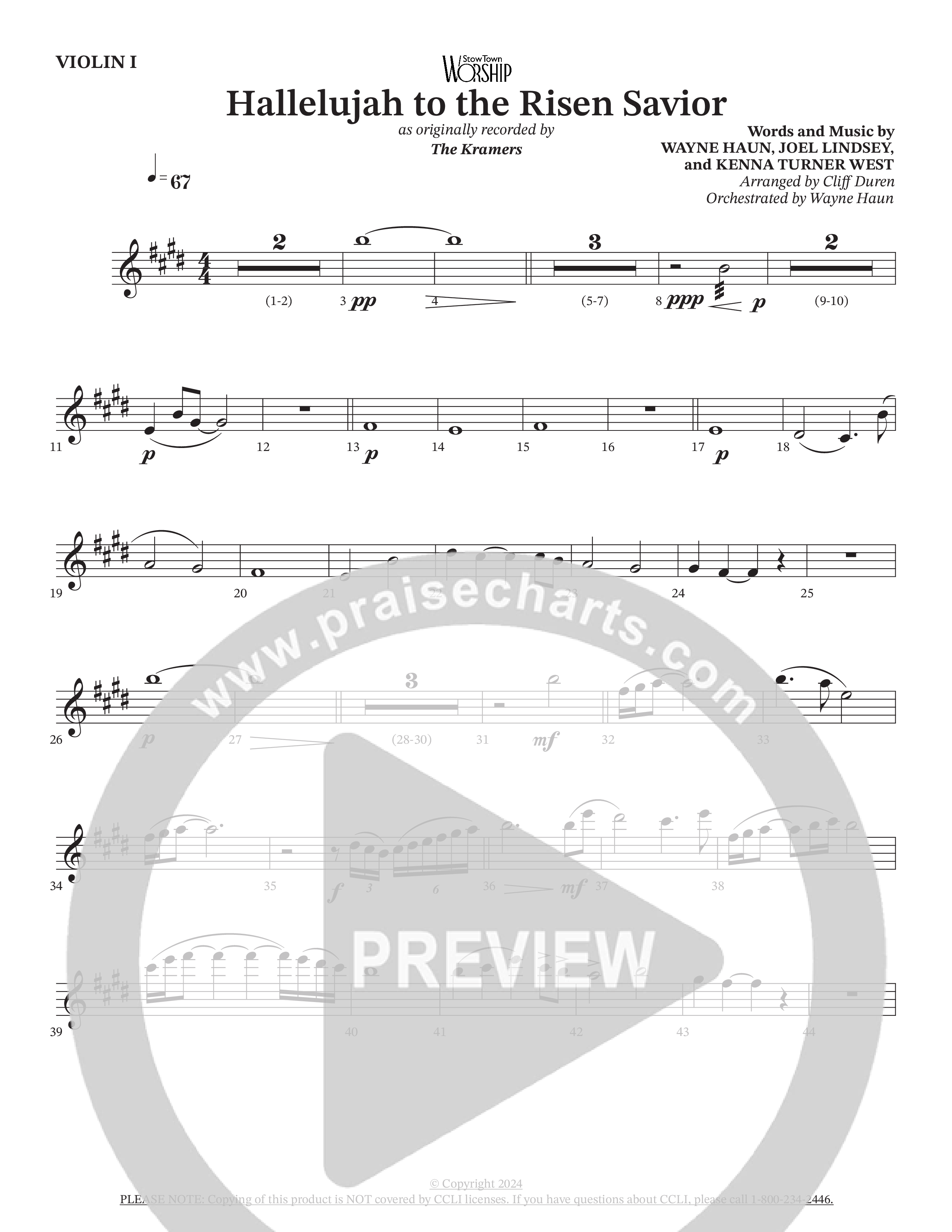 Hallelujah To The Risen Savior (Choral Anthem SATB) Violin 1 (The Kramers / Arr. Cliff Duren / Orch. Wayne Haun)