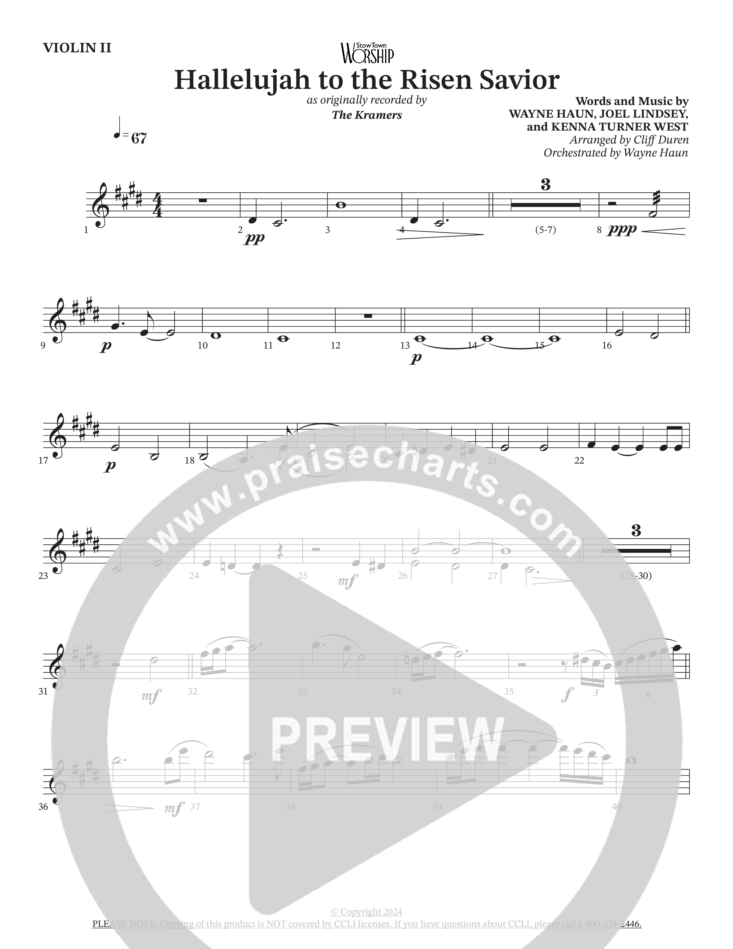Hallelujah To The Risen Savior (Choral Anthem SATB) Violin 2 (The Kramers / Arr. Cliff Duren / Orch. Wayne Haun)