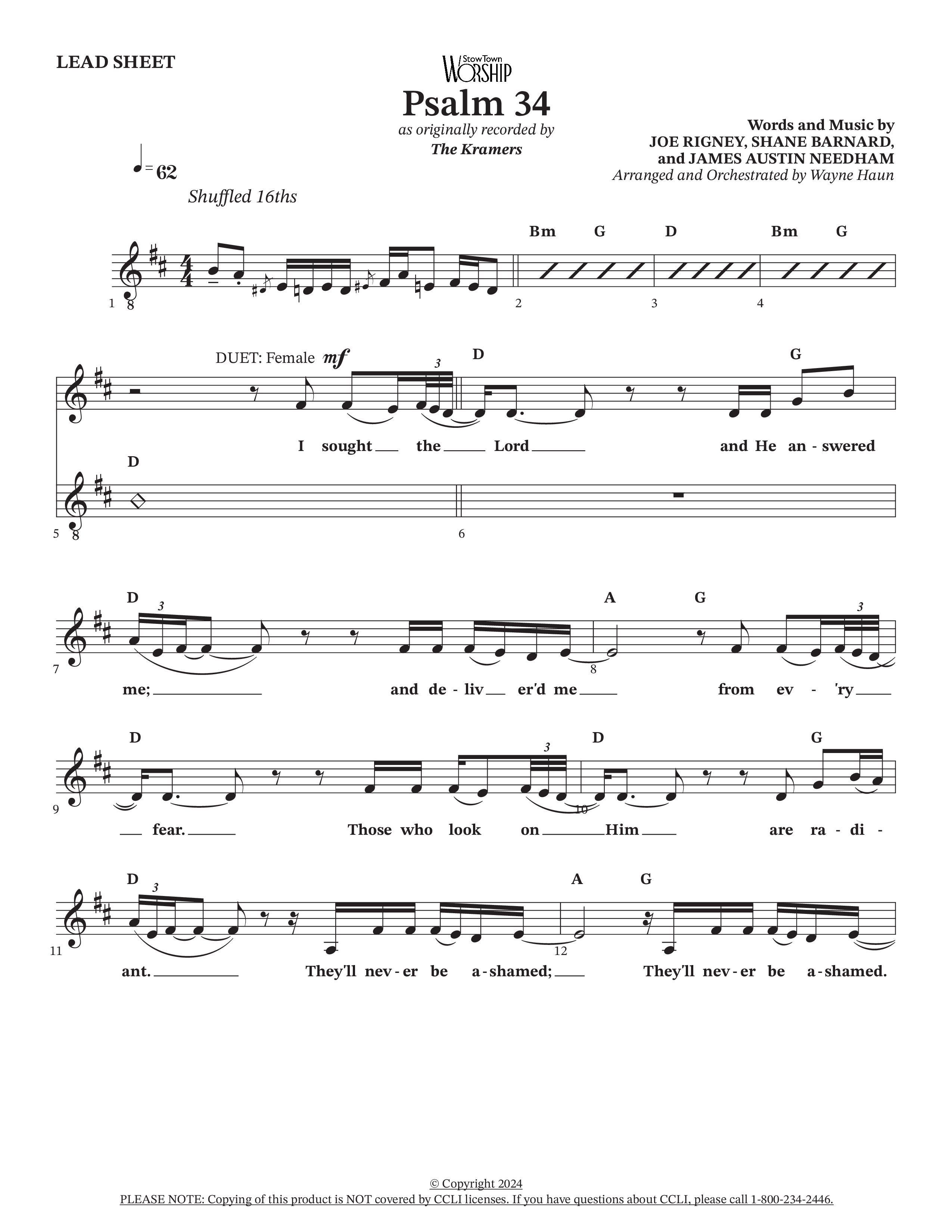 Psalm 34 (Choral Anthem SATB) Lead Sheet (SAT) (The Kramers / Arr. Wayne Haun)