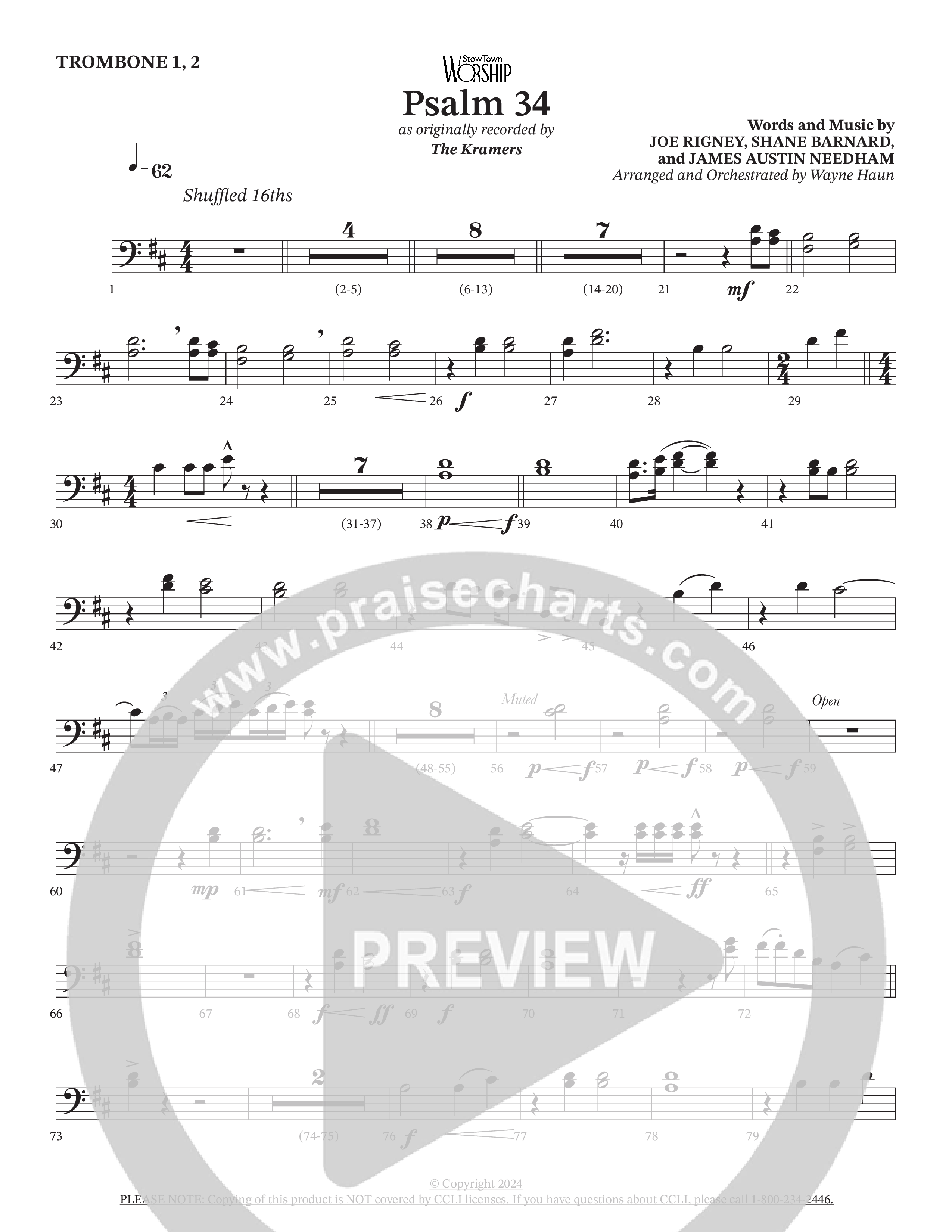 Psalm 34 (Choral Anthem SATB) Trombone 1/2 (The Kramers / Arr. Wayne Haun)