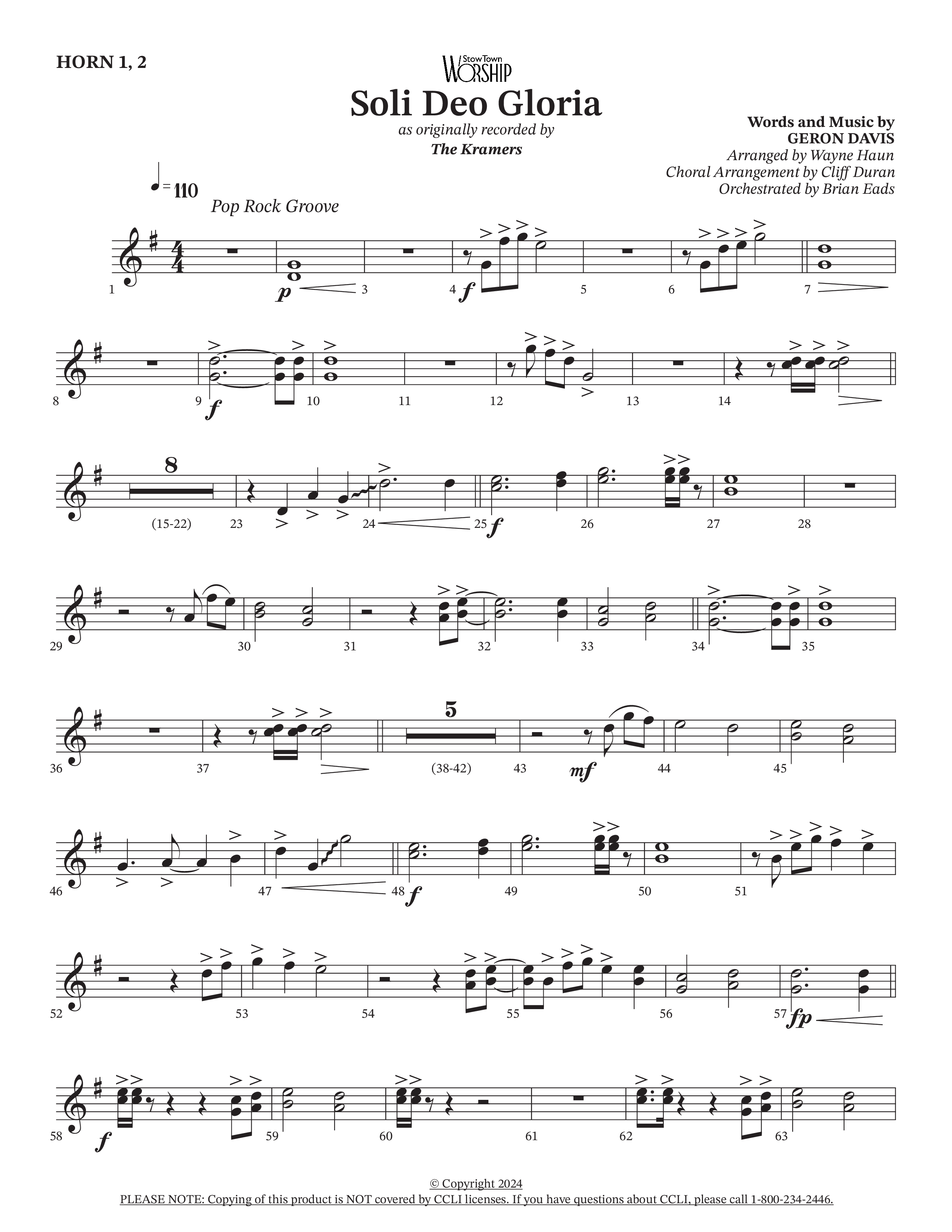 Soli Deo Gloria (Choral Anthem SATB) French Horn (The Kramers / Arr. Wayne Haun / Arr. Cliff Duren / Arr. Brian Eads)