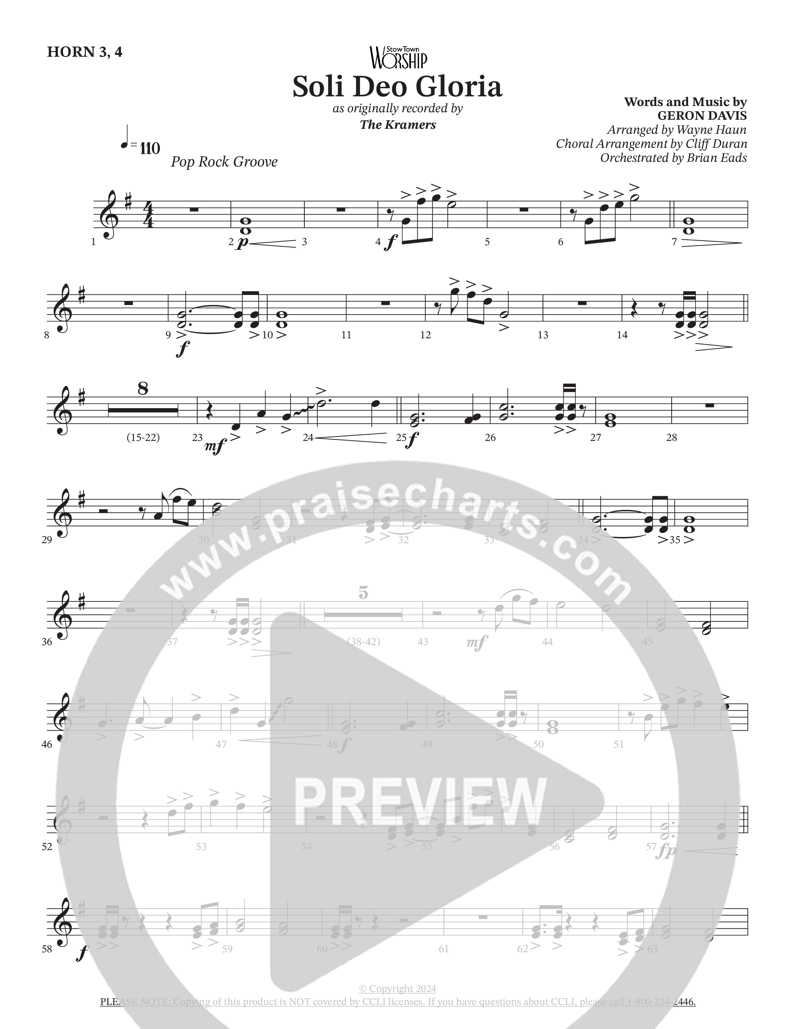 Soli Deo Gloria (Choral Anthem SATB) French Horn (The Kramers / Arr. Wayne Haun / Arr. Cliff Duren / Arr. Brian Eads)