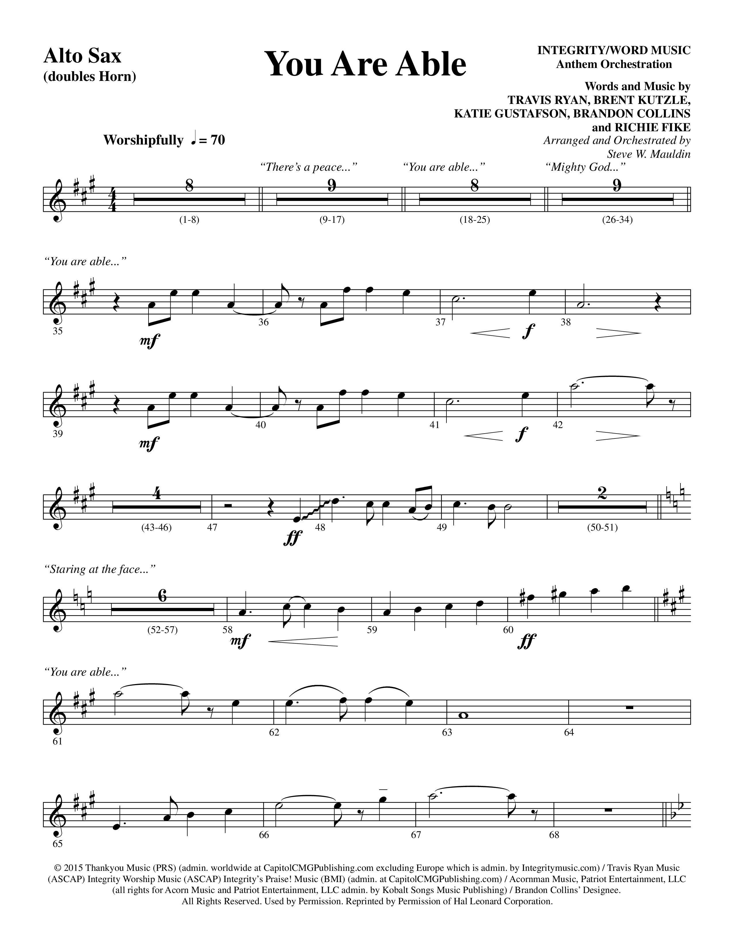 You Are Able (Choral Anthem SATB) Alto Sax (Word Music Choral / Arr. Steve Mauldin)