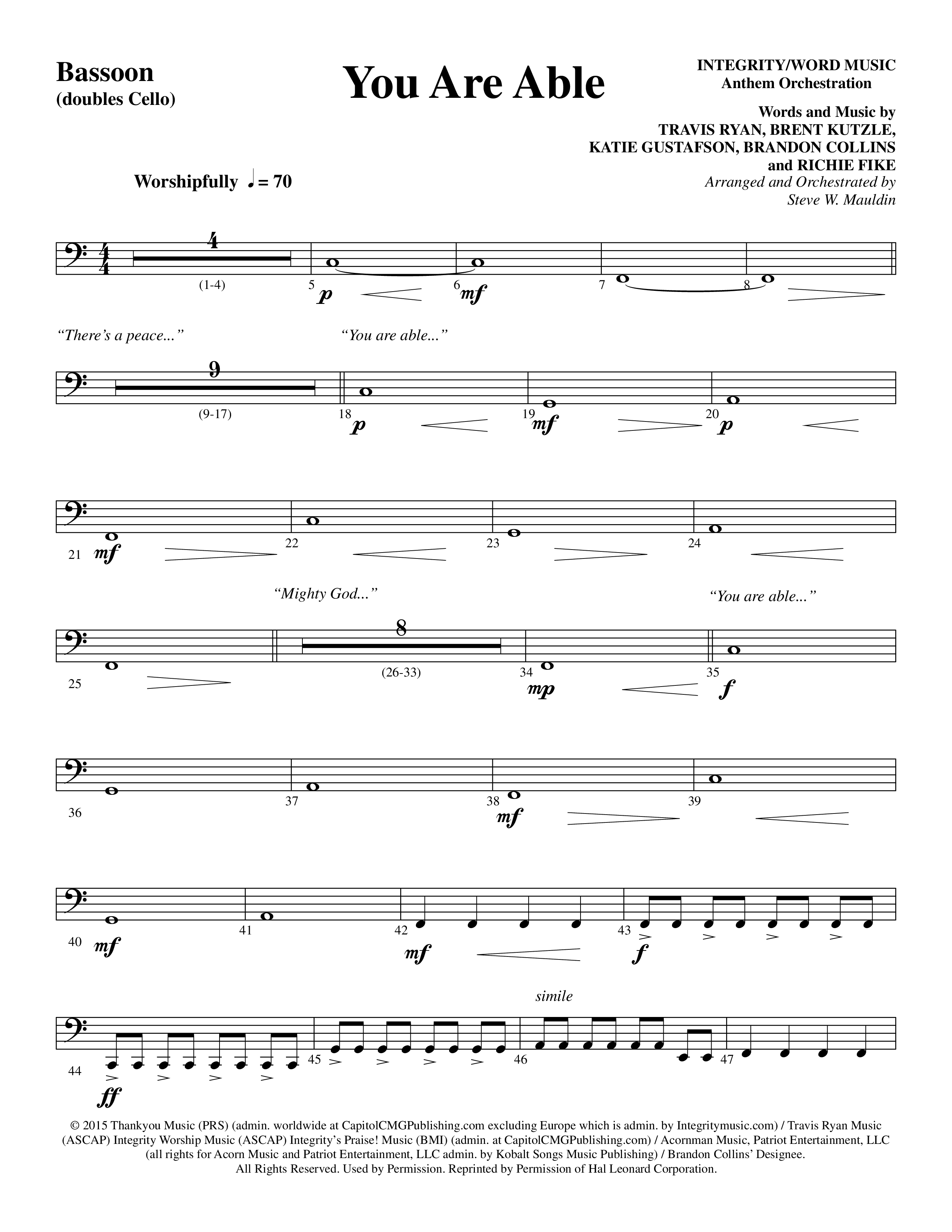 You Are Able (Choral Anthem SATB) Bassoon (Word Music Choral / Arr. Steve Mauldin)