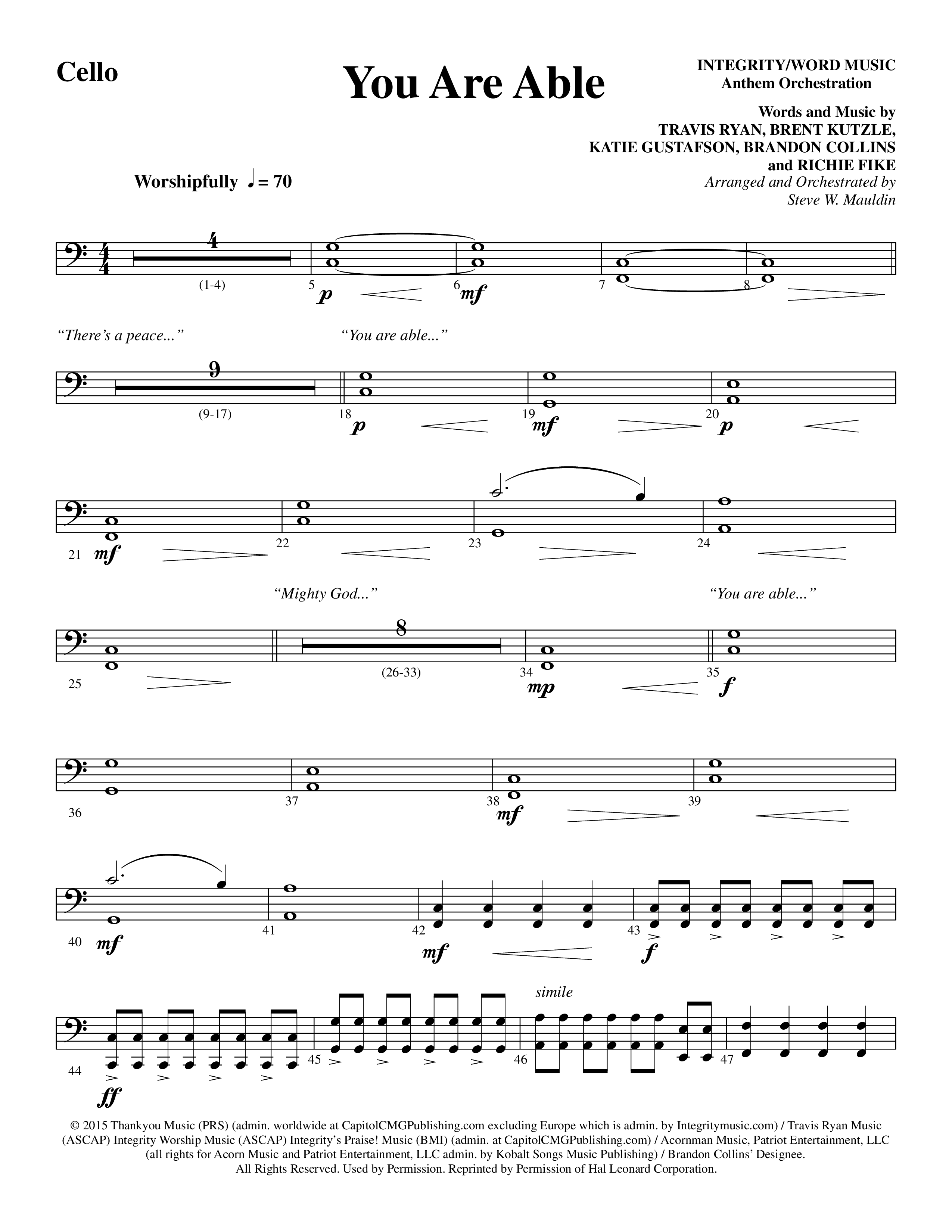 You Are Able (Choral Anthem SATB) Cello (Word Music Choral / Arr. Steve Mauldin)