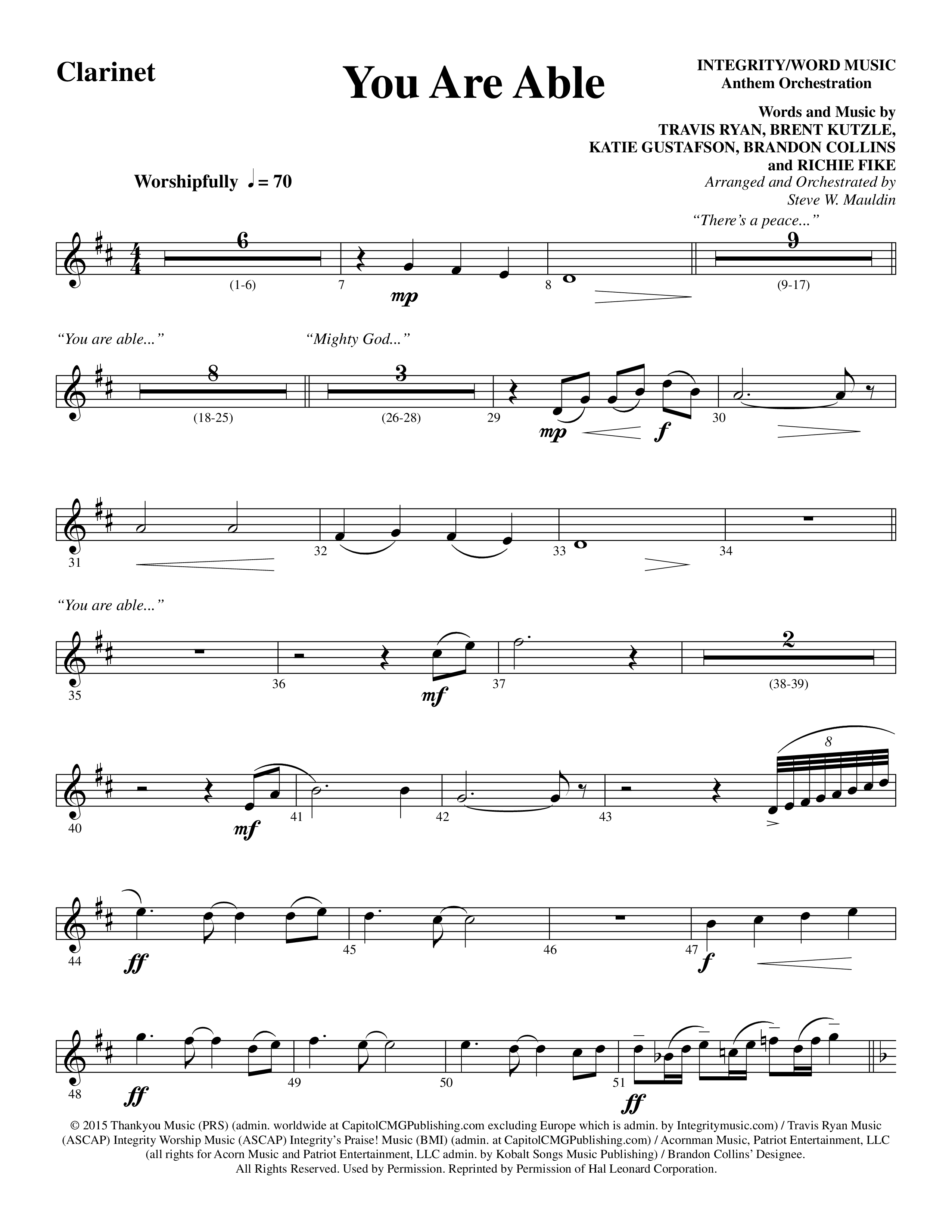 You Are Able (Choral Anthem SATB) Clarinet (Word Music Choral / Arr. Steve Mauldin)