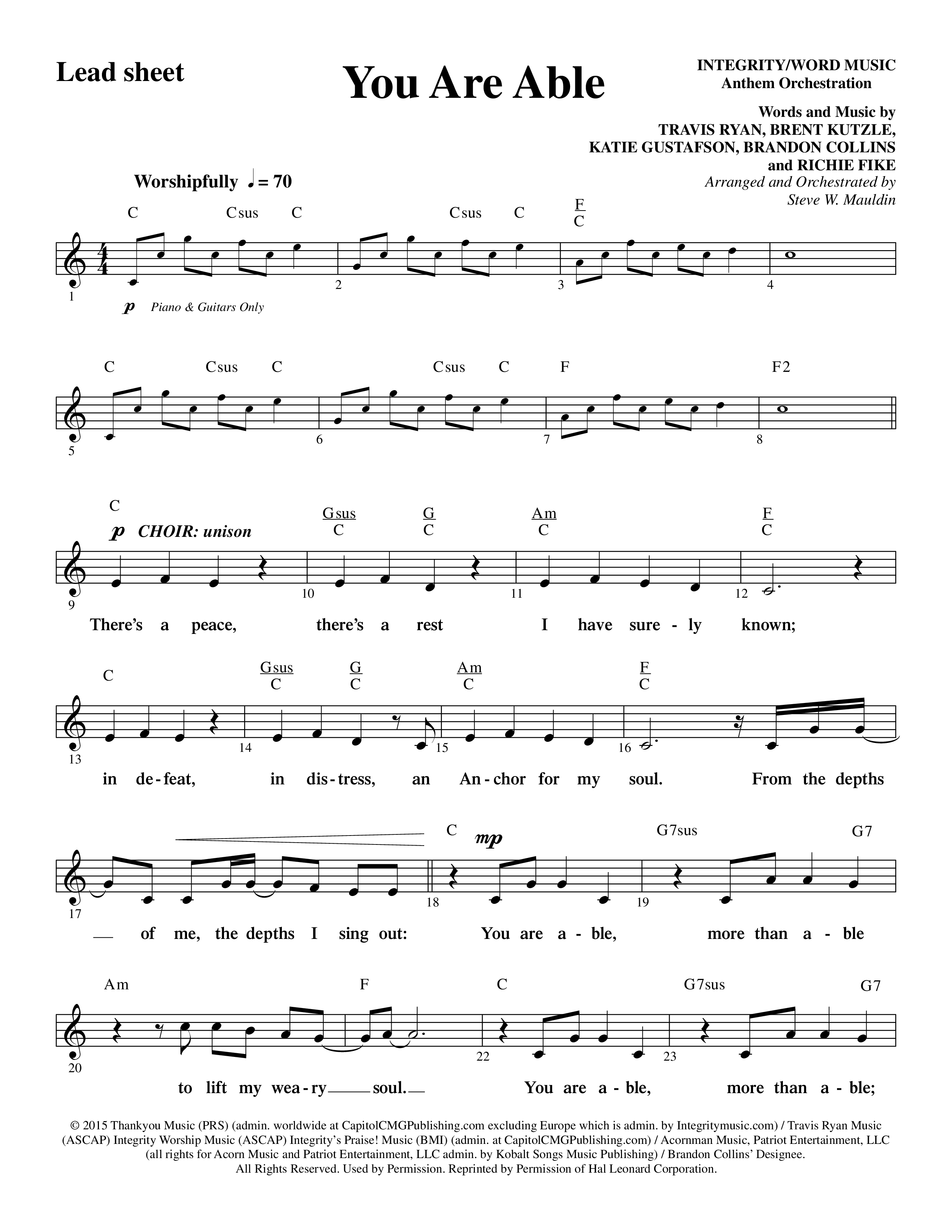 You Are Able (Choral Anthem SATB) Lead Sheet (Melody) (Word Music Choral / Arr. Steve Mauldin)